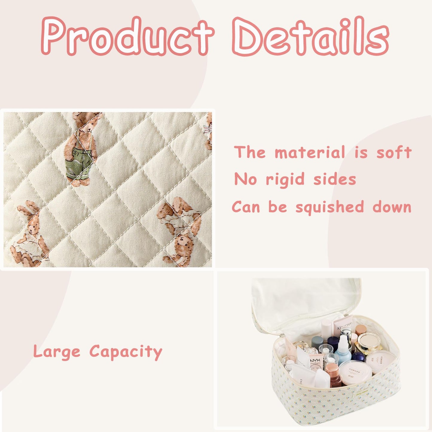 uekeboag 3 pcs Large Floral Quilted Makeup Bag Set for Women, Cotton Quilted Big Cosmetic Bag, Coquette Aesthetic Cute Travel Toiletry Bag(3Pcs Bear)
