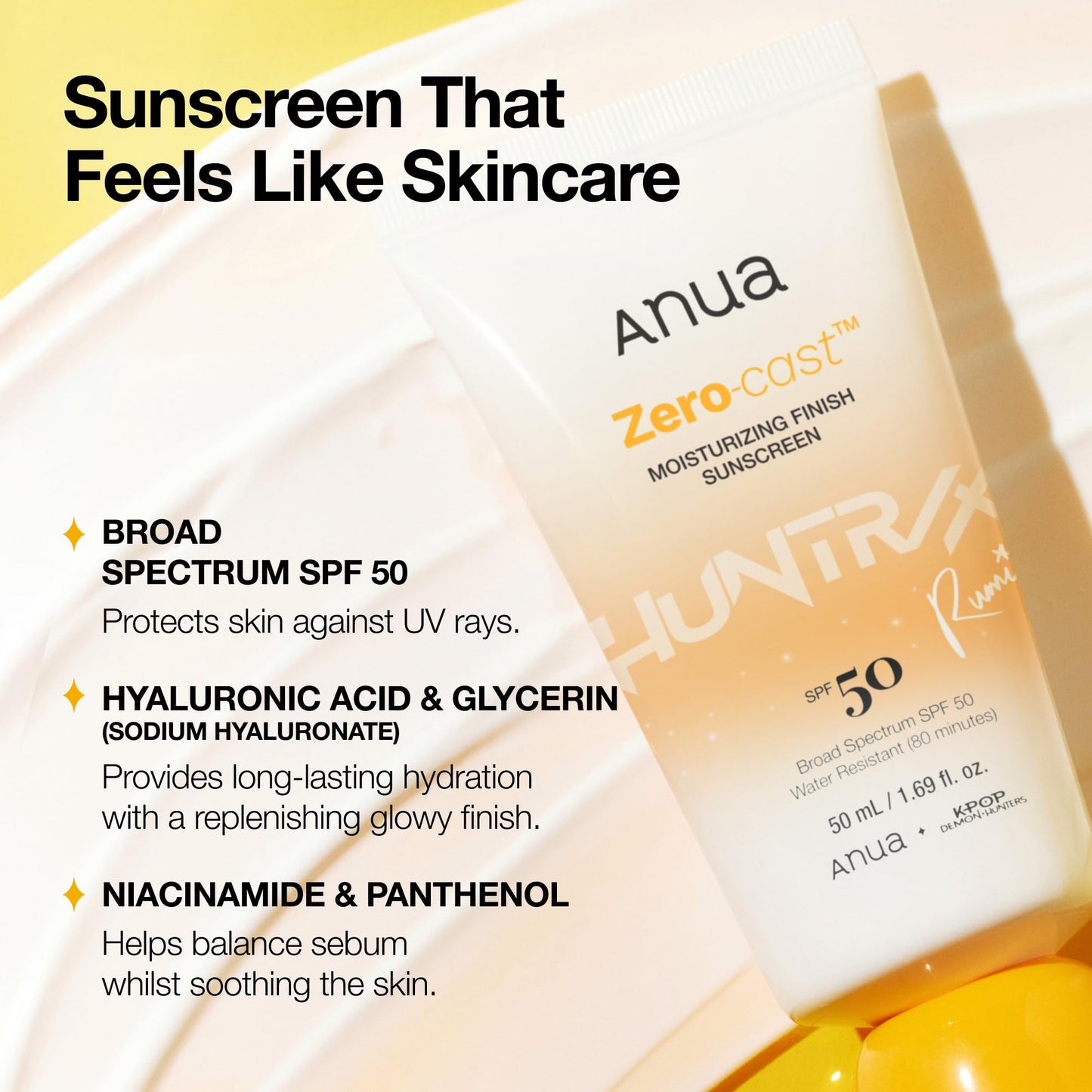 Anua, Zero-Cast Moisturizing Sunscreen SPF 50, Glow Natural Sunscreen for face, No White Cast, Hyaluronic Acid, Niacinamide, Oil-Free, KPop Demon Hunters, Korean Skincare, 1.69 fl oz
