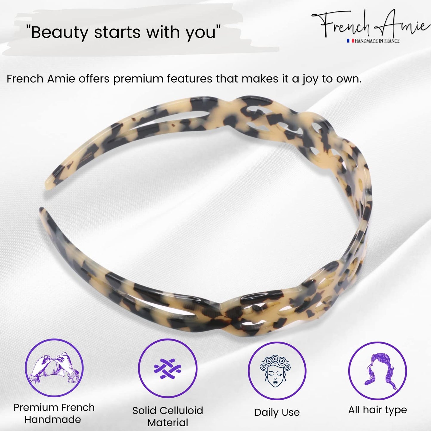 French Amie Filigree Wide 1" Celluloid Acetate Handmade Head bands Fashion Flexible Non Slip Durable Styling Women Hair Accessories, Made in France (White Tokyo)