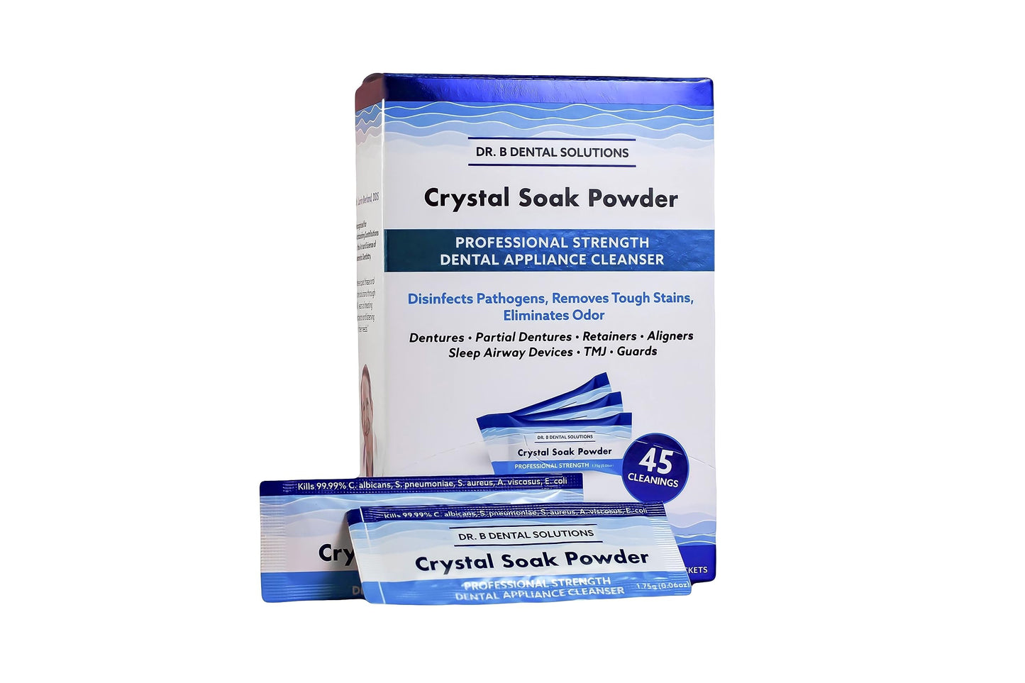 Dr. B Dental Solutions Powder Crystal Soak Cleanser, Ideal for Oral Appliances, Dentures, Night Guards, Retainers, Aligners, and Sleep Apnea Devices - 45 Single Use Packets