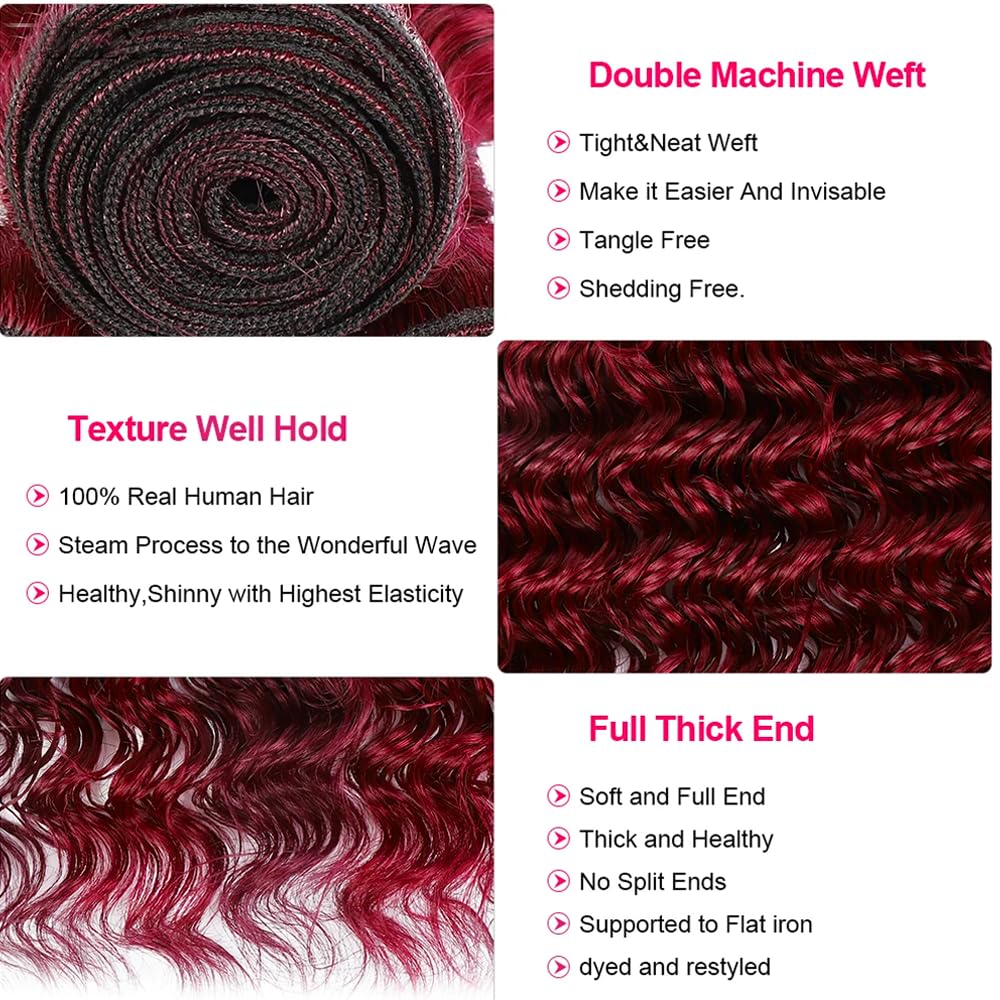 99J Burgundy Deep Wave Human Hair Bundles - 12, 14, 16 Inch Red Hair Extensions