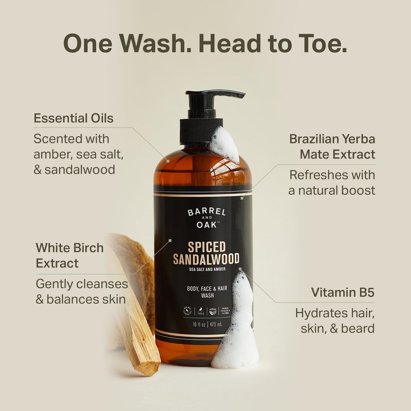 Barrel & Oak All-in-One Wash for Face, Hair, & Body, Vegan & Hydrating Face, Shampoo and Body Wash for Men, Grooming Kit Gifts for Men, Spiced Sandalwood, 16 oz