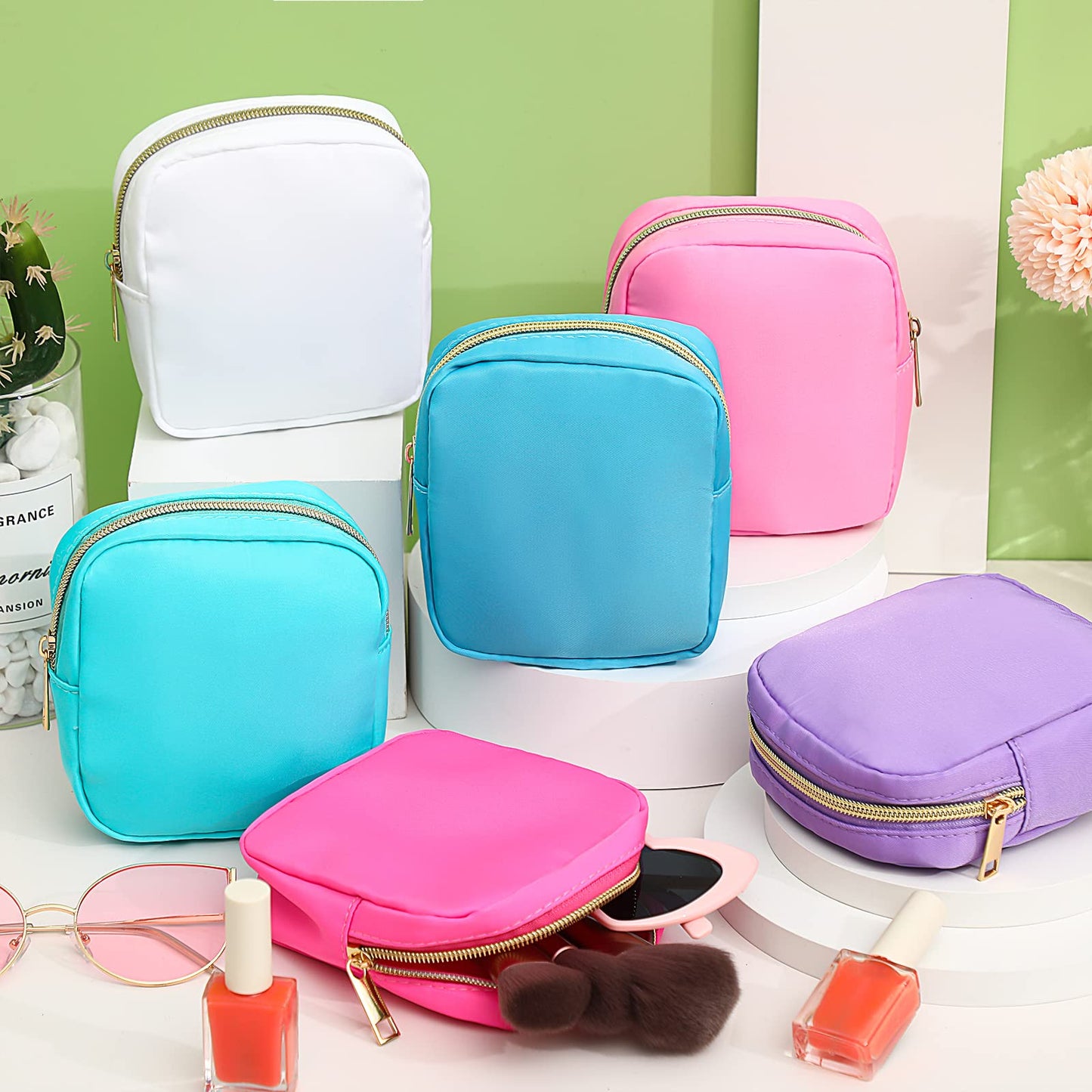 Remerry 6 Pcs Nylon Cosmetic Bag Travel Make up Pouch Toiletry with Zipper Preppy Makeup Bag Waterproof Organizer Case Set for Women Girls(9.45 x 2.4 x 5.1 Inch,Multi Colors)
