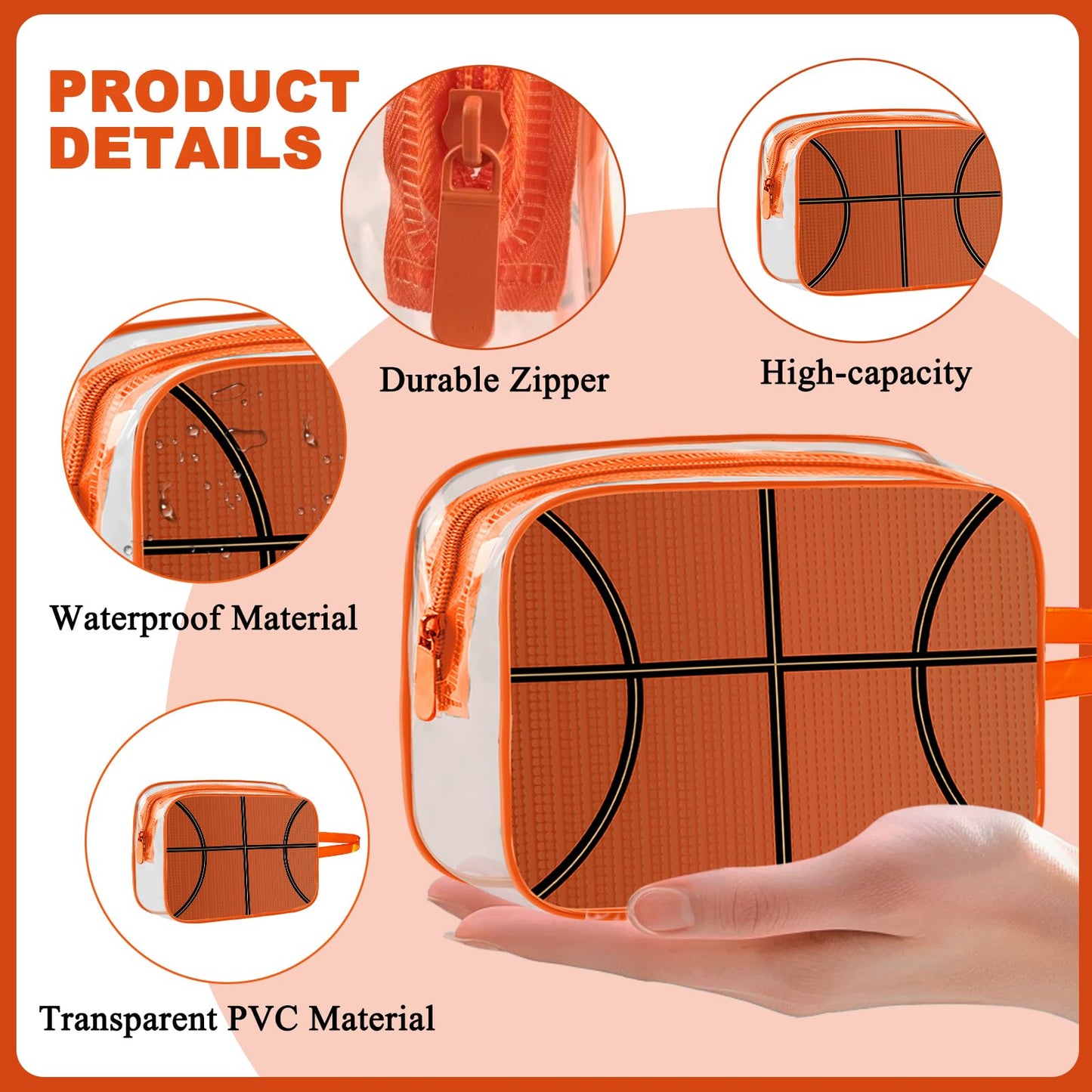 Lebaley 16PCS Basketball Cosmetic Bag - Basketball Snack Bags for Team,7x5.5x7'' Basketball Goodie Bag,Basketball Team Gifts for Player,Waterproof Clear PVC Zippered Toiletry Carry Pouch for Travel