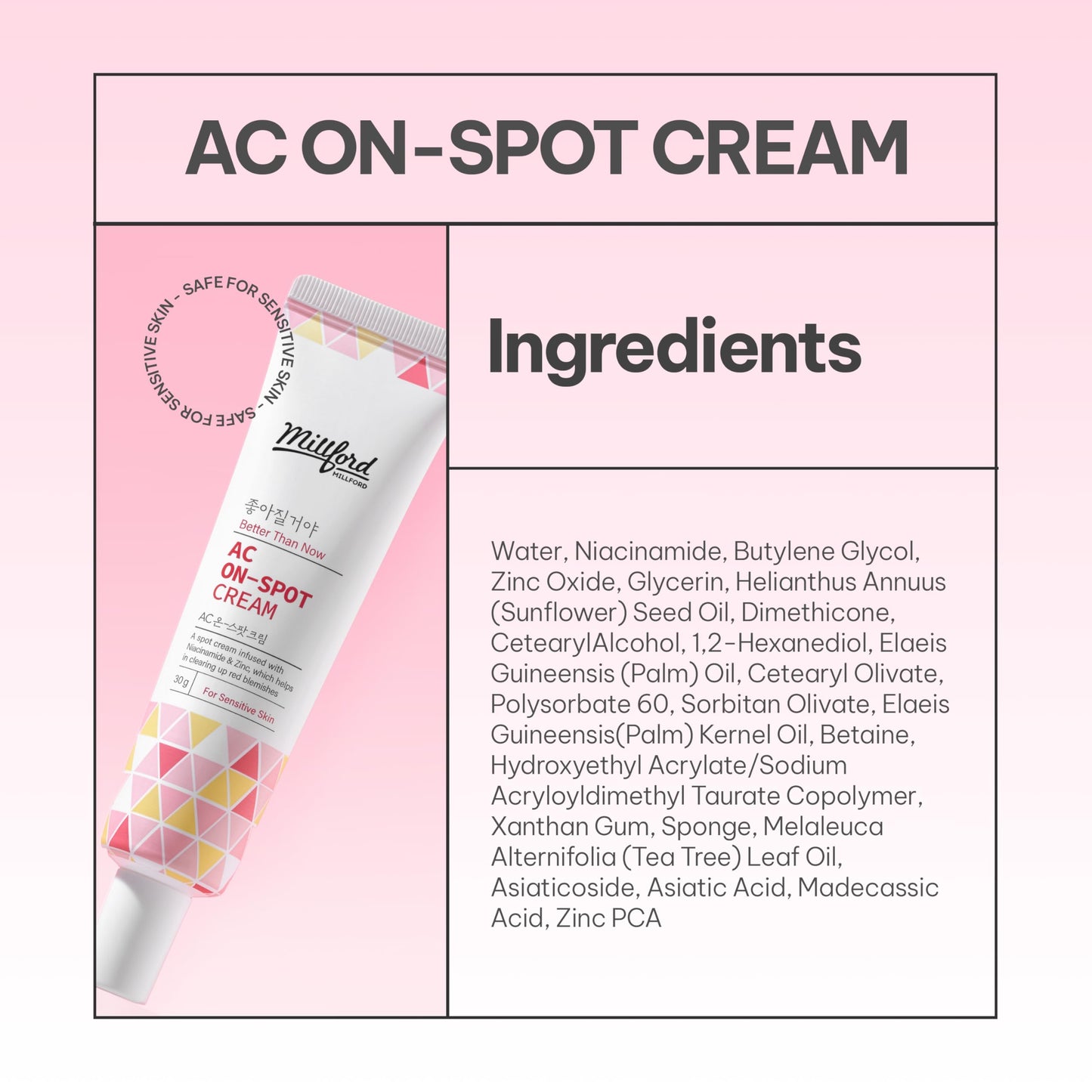 Millford AC On-Spot Cream 30g/1.05 Oz, Zinc Oxide 10%, Niacinamide 2% for Active Skin Repair, Acne Spot Treatment for Face, Blemish Care, Dark Spot, Korean Skincare for Sensitive & Acne-Prone Skin