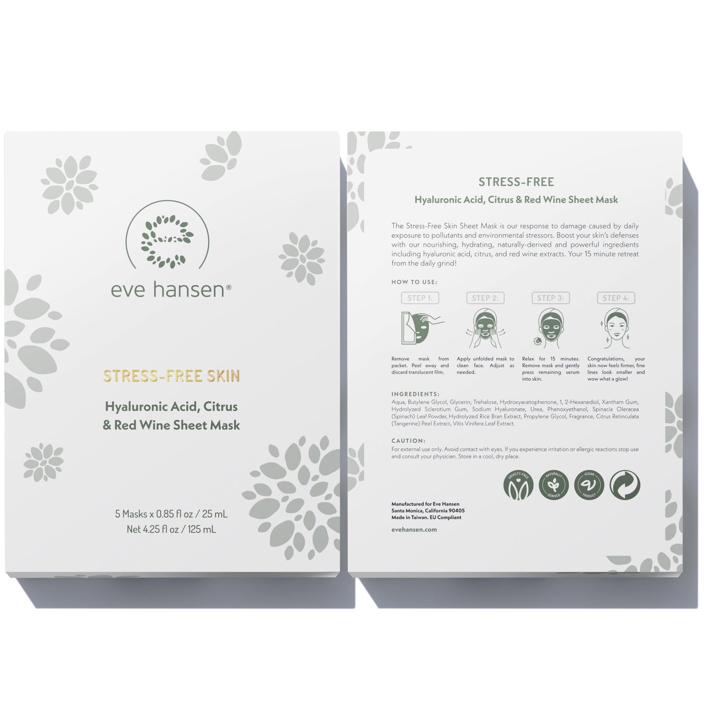 Eve Hansen Hydrating Face Mask Sheets Set of 5 – Moisturizing & Nourishing Care for All Skin Types – With Hyaluronic Acid, Tangerine Peel, Blueberry Extract & Spinach Leaf