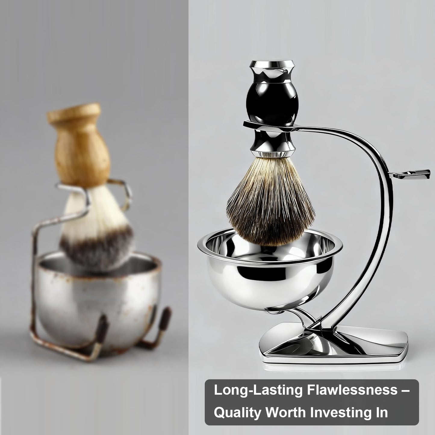 Shaving Bowl Set - 3-Piece Magnetic Base with Chrome Stand & Synthetic Brush | Razor Not Included
