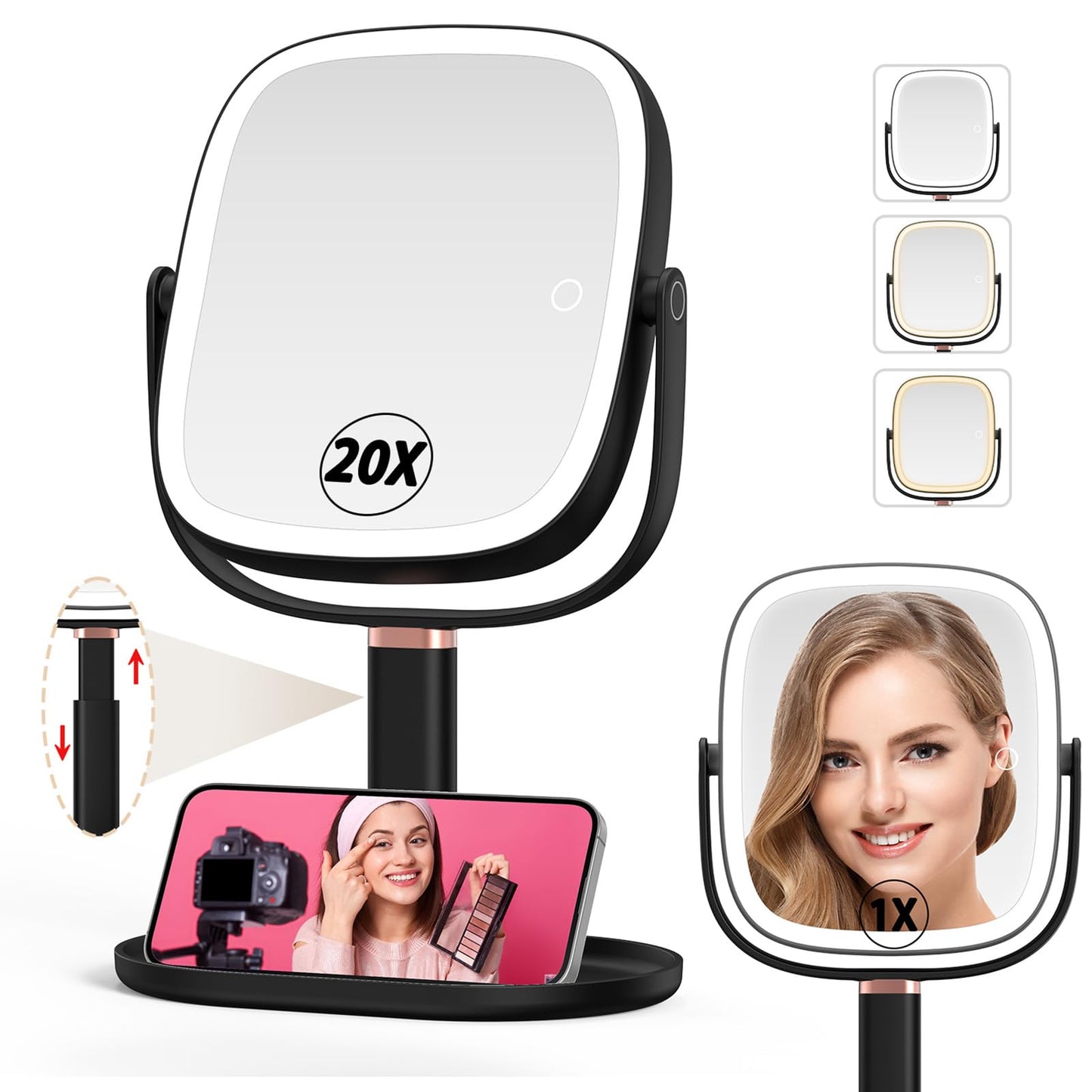 Mocado Makeup Mirror with Lights, 1X/20X Magnifying Mirror with Light