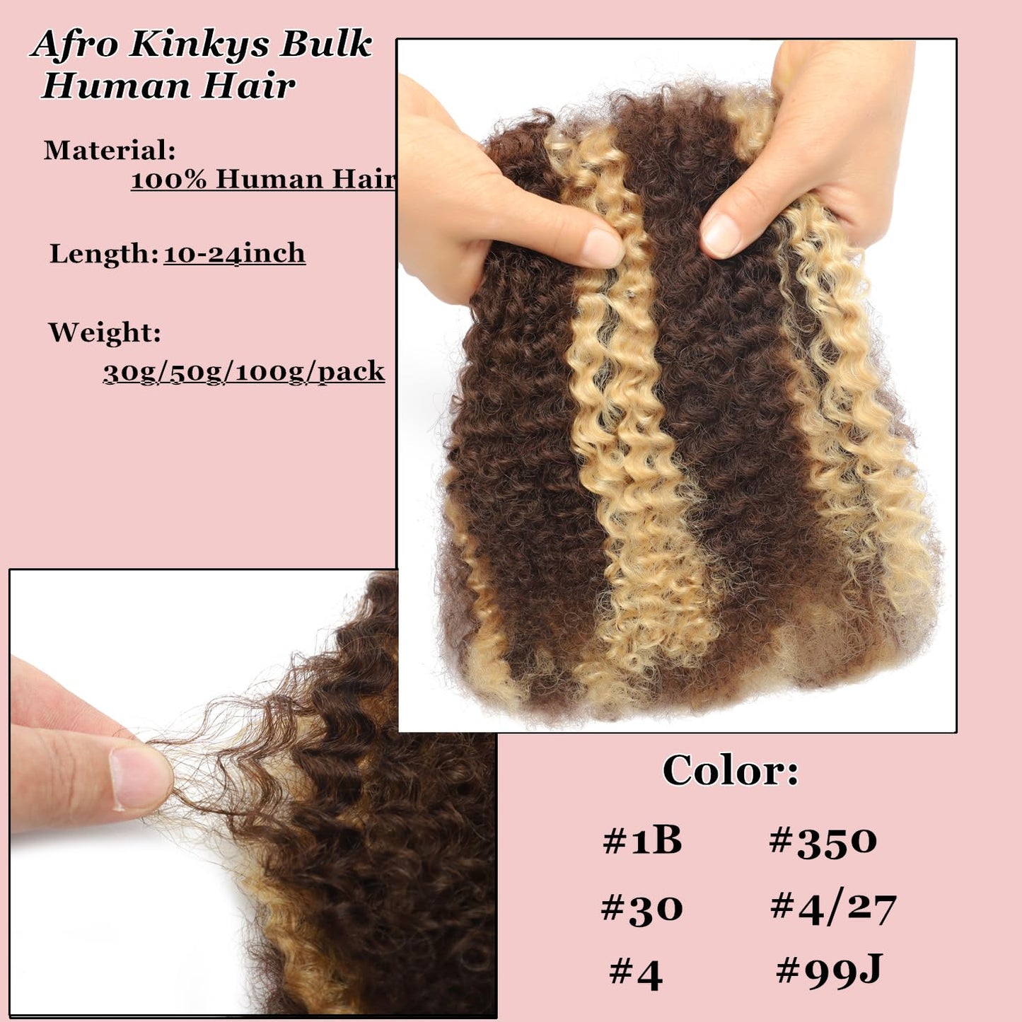 Afro Kinkys Bulk Human Hair For Braiding 427 Highlight Afro Kinky-Curly Human Hair Bulk For Mini Twist 20 Inch 30g/pack Bulk Human Braiding Hair For Micro Locs Extensions