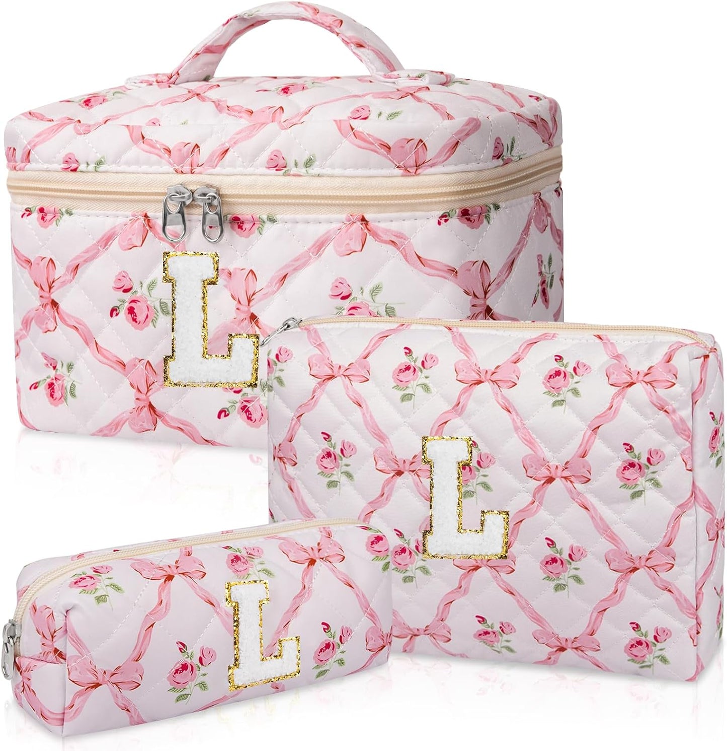 Personalized Initial Makeup Bag Set - Large Floral Quilted Cosmetic Bag for Women | Cute Cotton Travel Toiletry Bag