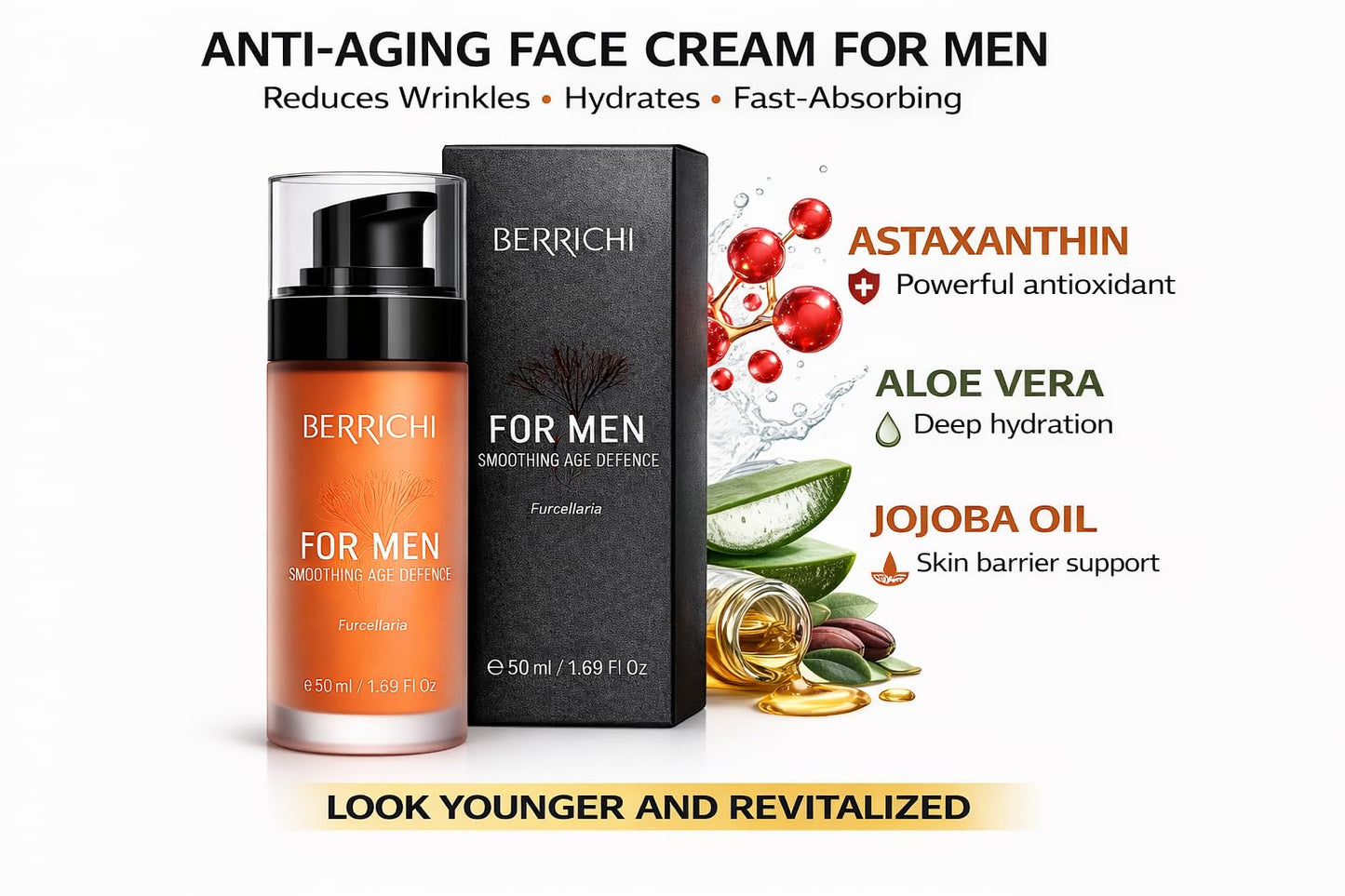 BERRICHI Men’s After Shave Balm & Face Moisturizer – Calms Irritated Skin, Reduces Redness, Fast Absorbing Anti-Aging Cream for Men with Astaxanthin & Aloe, 50ml