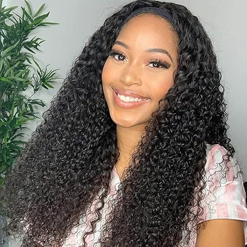 XSY Headband Wig Human Hair for Black Women Kinky Curly Headband Wig Glueless Brazilian Hair None Lace Front Wigs 150% Density Half Wigs Natural Colour 150% Density (24inch)