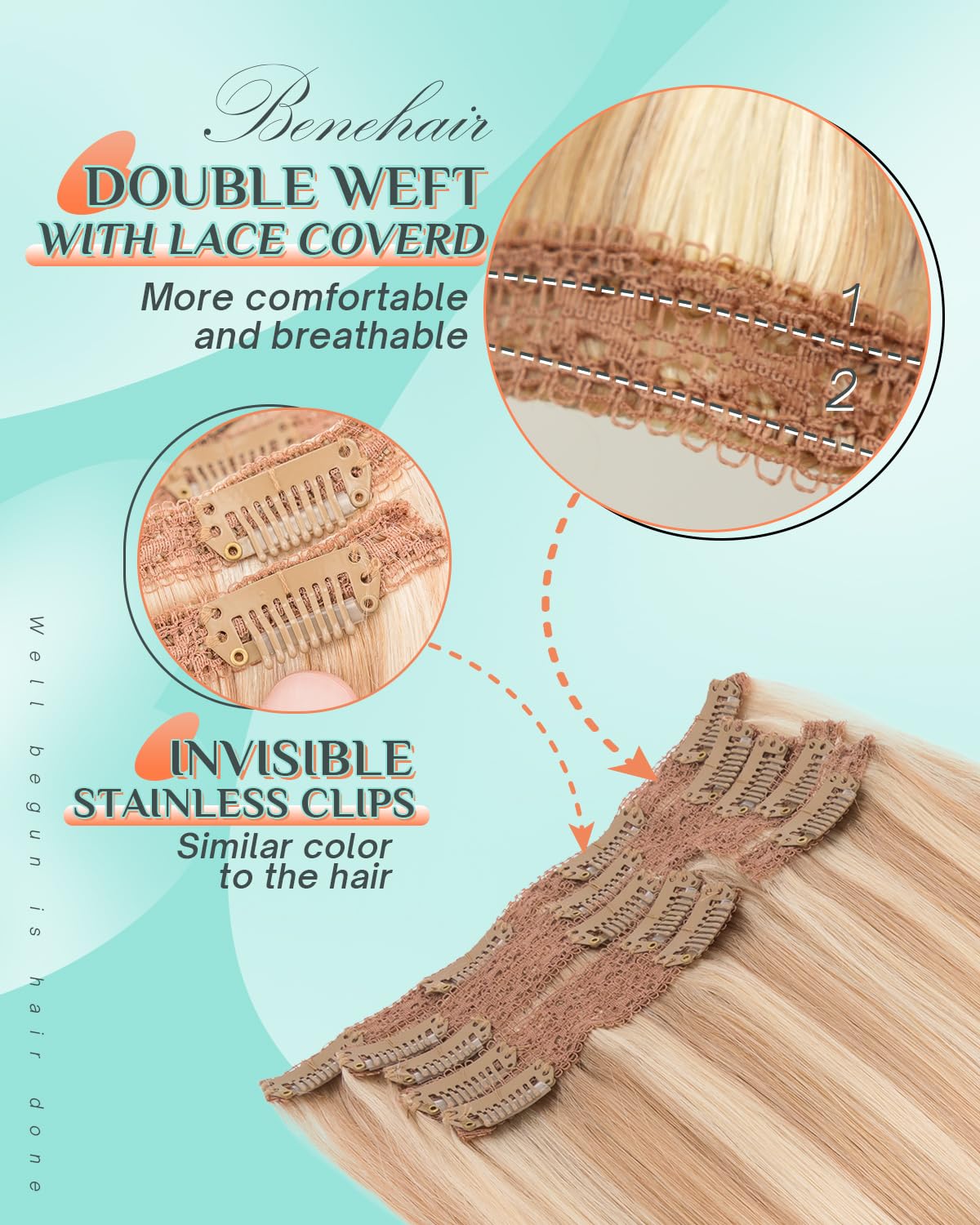 Benehair Clip in Hair Extensions Real Human Hair 12inch Double Weft Light Blonde Mixed Bleach Blonde Hair Extensions Clip in Human Hair Lace Weft Straight Hair Extension Clip ins 7pcs 90g #18P613
