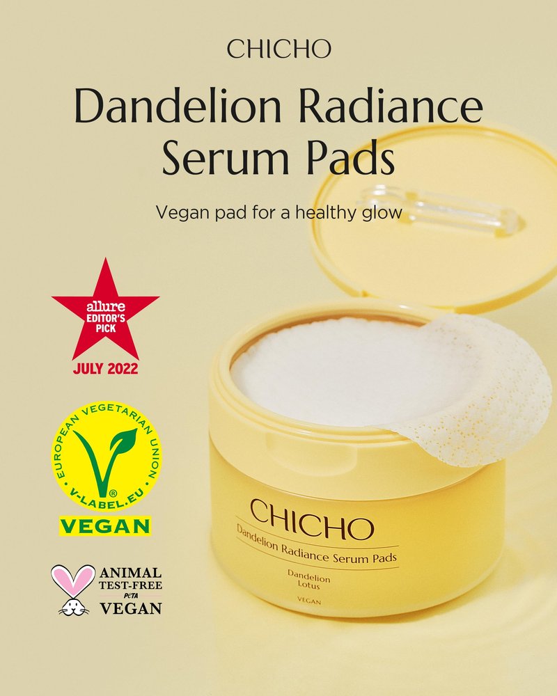CHICHO Dandelion Radiance Serum Pads (90 Pads) – Jumbo 8cm Quick Mask Toner Pads – 80.2% Dandelion Biome + Lotus, Vegan pH 5.2, Sensitive Skin