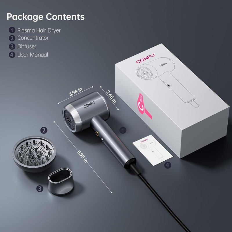 Confu Hair Blow Dryer | Plasma Ionic 1600W Fast Drying for Curly Hair - Lightweight & Portable Design