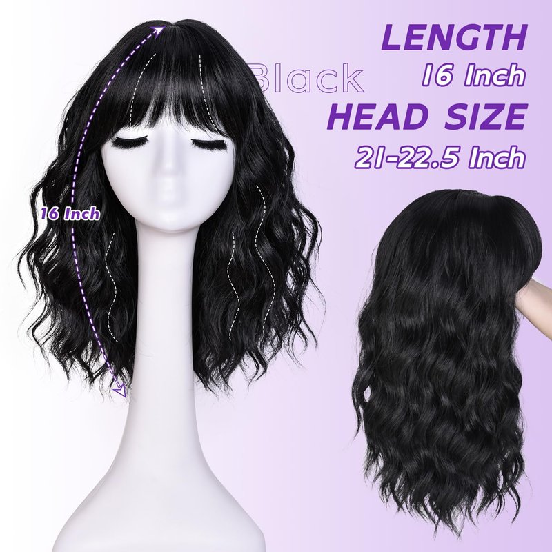 CURLCRAZY Short Wavy Wig with Bangs for Women Black Curly Wigs Natural Wavy Synthetic Wigs for Daily Party Cosplay 14inch