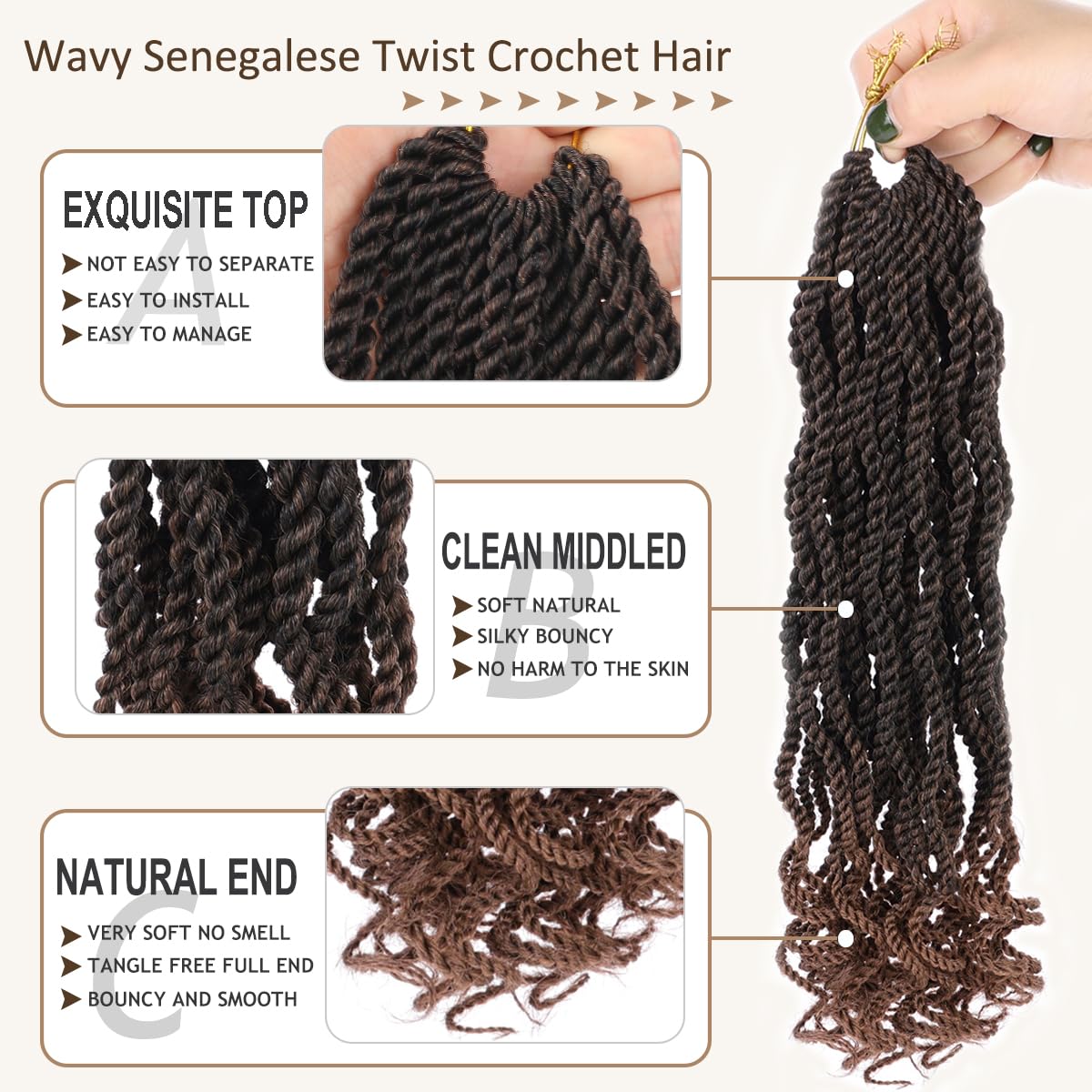 Kachanaa 14 Inch Senegalese Twist Crochet Hair for Black Women 8 Pack Short Pre Looped Crochet Braids With Curly Ends Pre Twisted Crochet Small Hair Synthetic Havana Twist Braiding Hair for Kids T30#