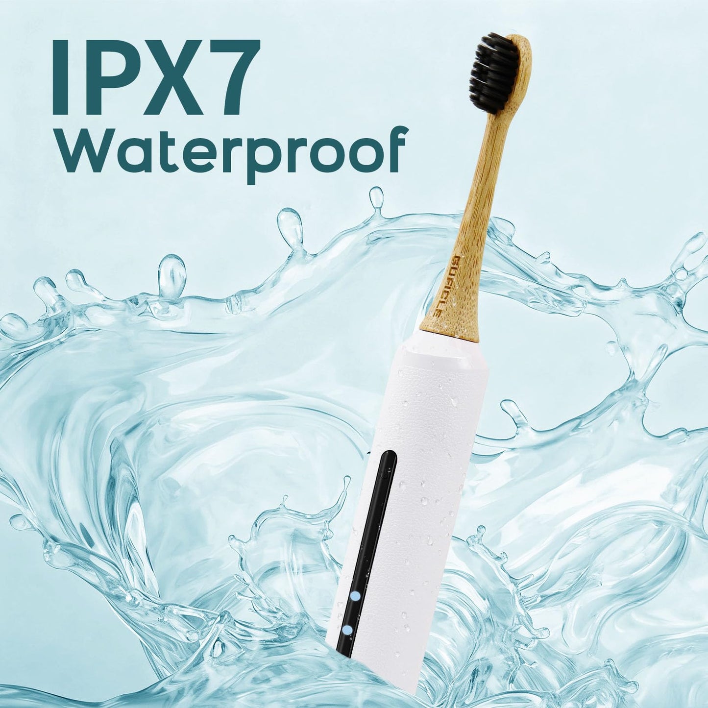 GUFICLE Bamboo Electric Toothbrush for Adults丨Rechargeable Electric Toothbrush with 3 Non Toxic Charcoal Infused Bamboo Brush Heads, 5 Cleaning Modes, 60 Days Battery Life, IPX7 Waterproof-White