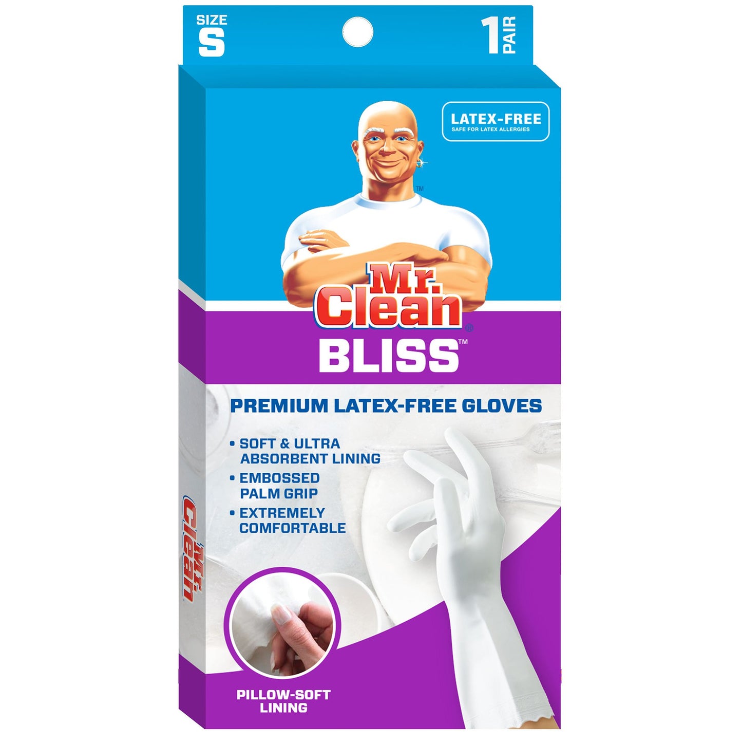 Mr. Clean, 243032 Bliss, Small Latex Free, Vinyl, Soft Ultra Absorbent Lining, Non- Slip Swirl Grip Gloves, (Small)