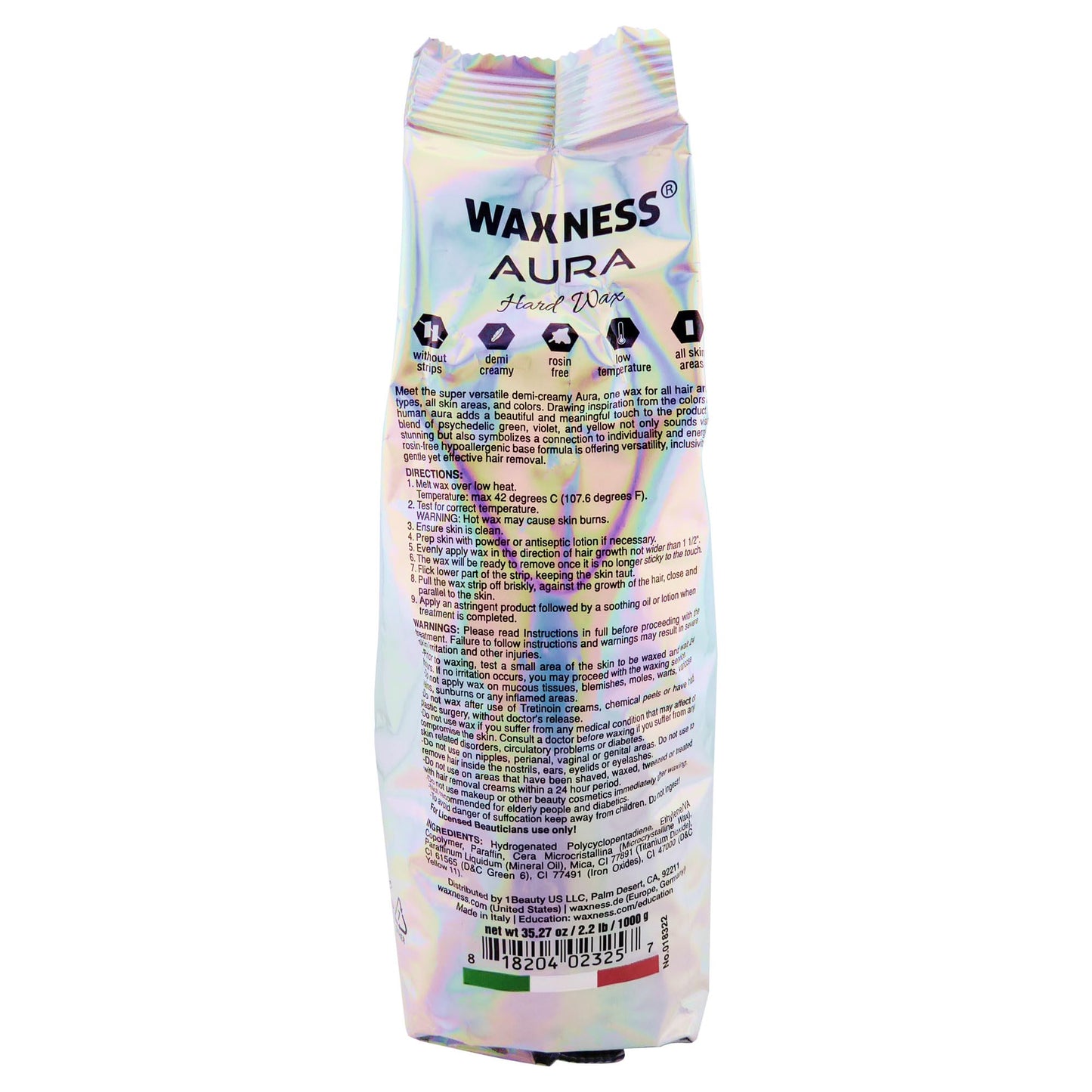 Waxness Aura Hard Wax Beads 2.2 lb (1 kg) – Rosin-Free Synthetic Stripless Wax with Demi-Creamy Texture for All Skin and Hair Types, Professional Use – Made in Italy