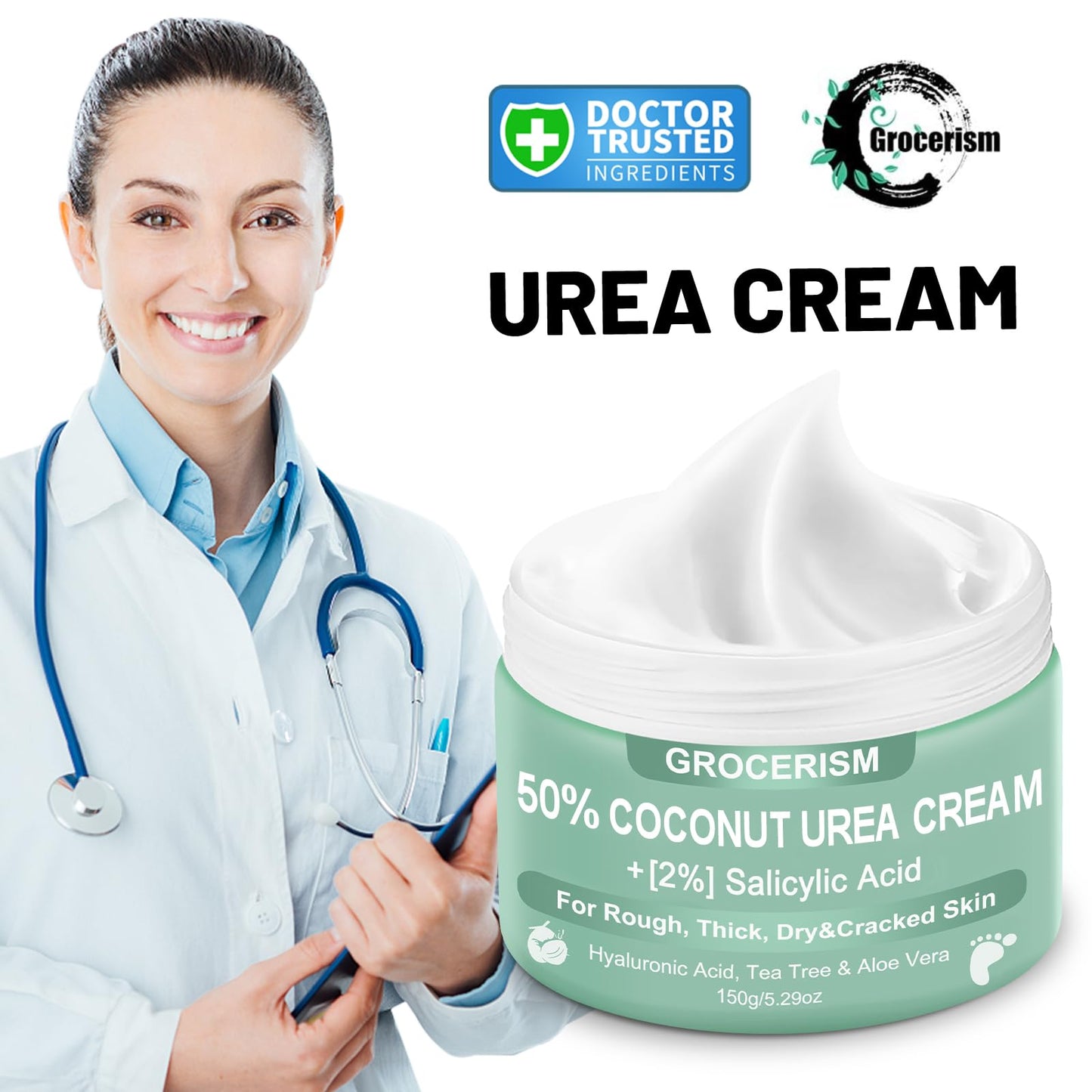 Urea Cream 50 Percent for Feet with Coconut 5.29 oz || Foot & Hand Cream Maximum Strength with 2% Salicylic Acid, Tea Tree and Aloe Vera for Deep Moisturizing and Callus Removing (Classic Formula)
