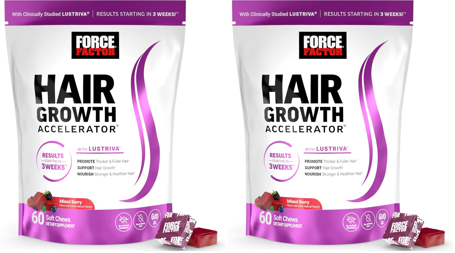 Force Factor Hair Growth Accelerator Soft Chews, Vitamins for Women and Men with Clinically Studied Lustriva and Biotin, Promotes Thicker, Fuller, Stronger Hair, Mixed Berry, 60 Soft Chews (Pack of 2)