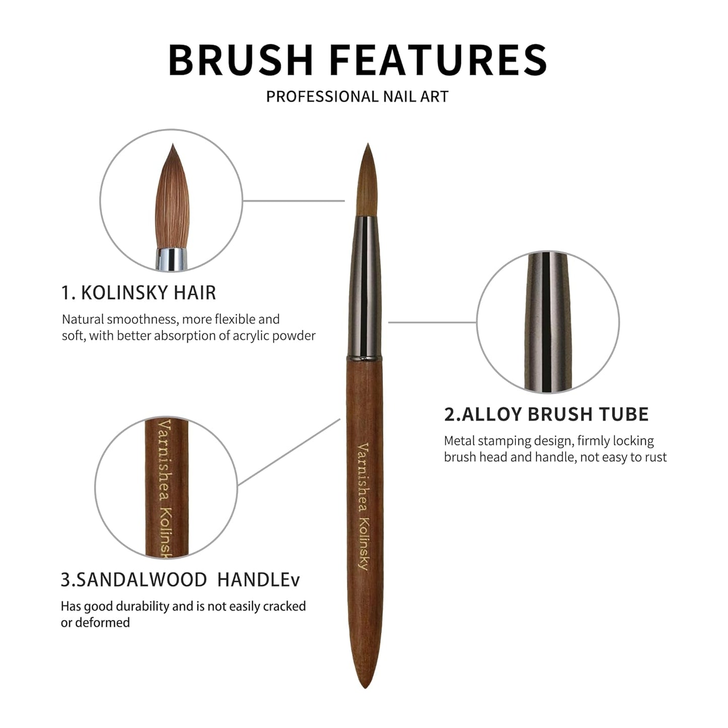 Kolinsky Hair Acrylic Nail Brush - Professional Sandalwood Handle for Powder Application | Size 16, 1 Count