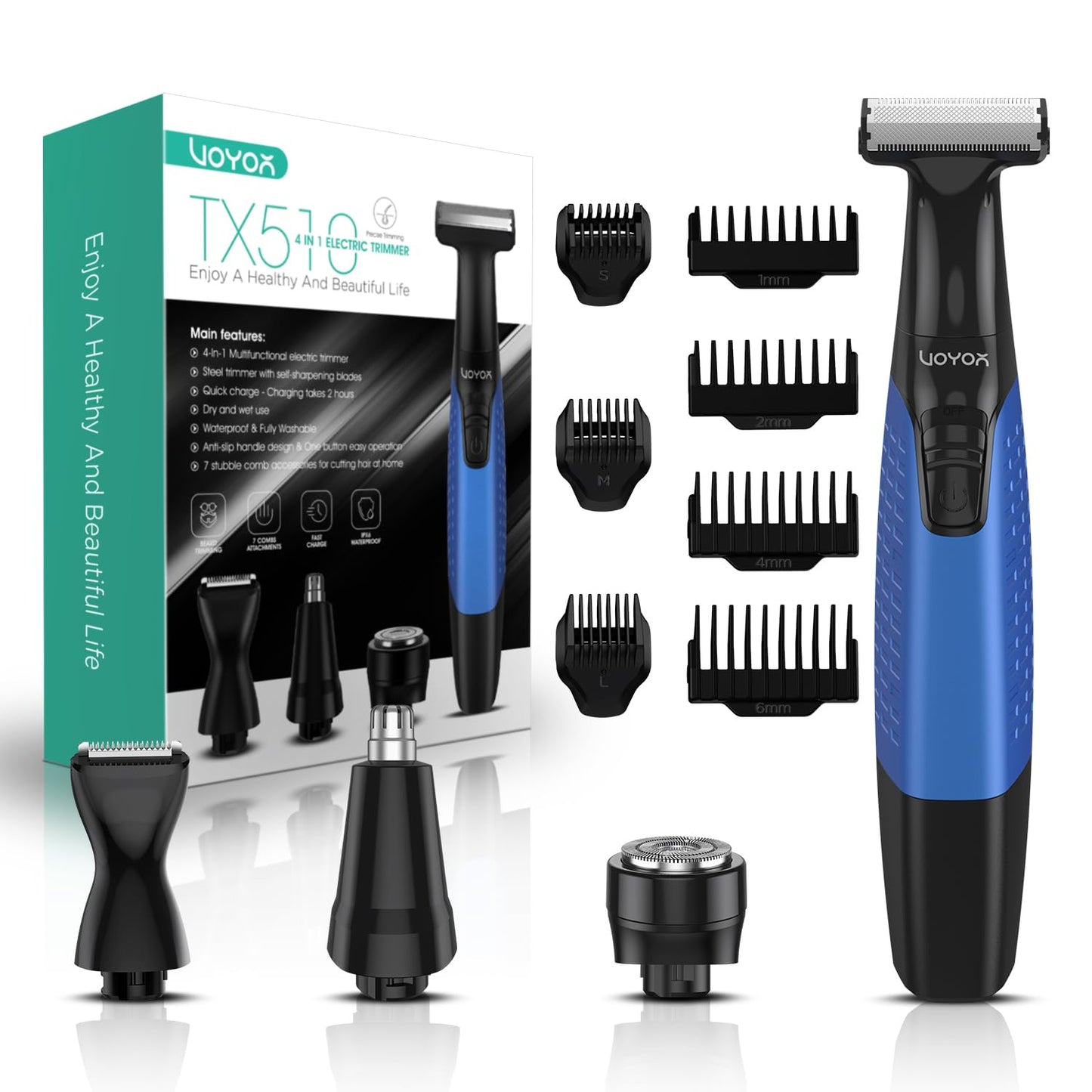 Beard Trimmer for Men - Cordless Electric Razor with Adjustable Length Combs | All-in-1 Grooming Kit (Blue)
