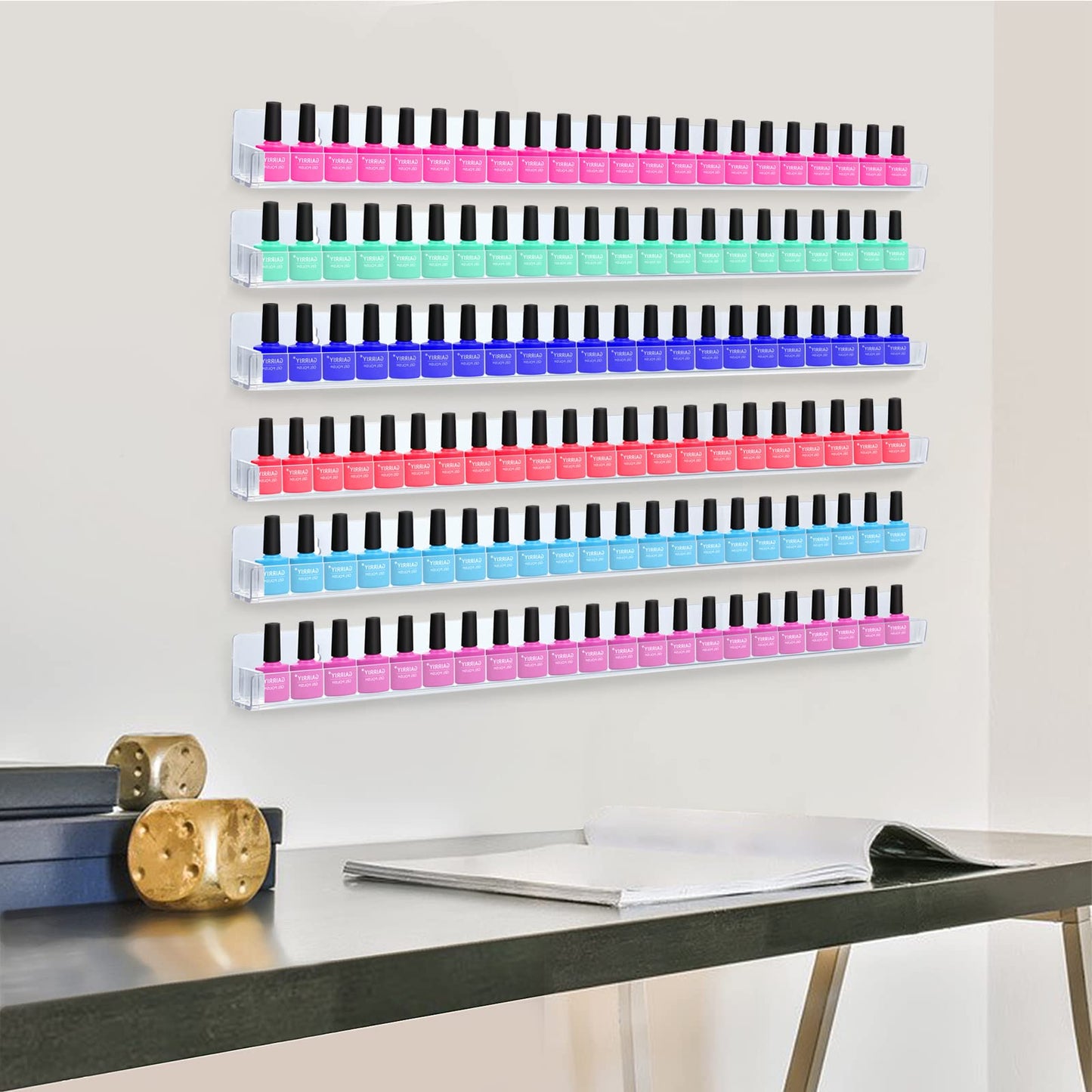 trophable 24in Nail Polish Rack Wall Mounted Shelf with Removable Anti-Slip End Inserts, 6 Pack Clear Acrylic Nail Polish Organizer Wall Rack Display 150 Bottles