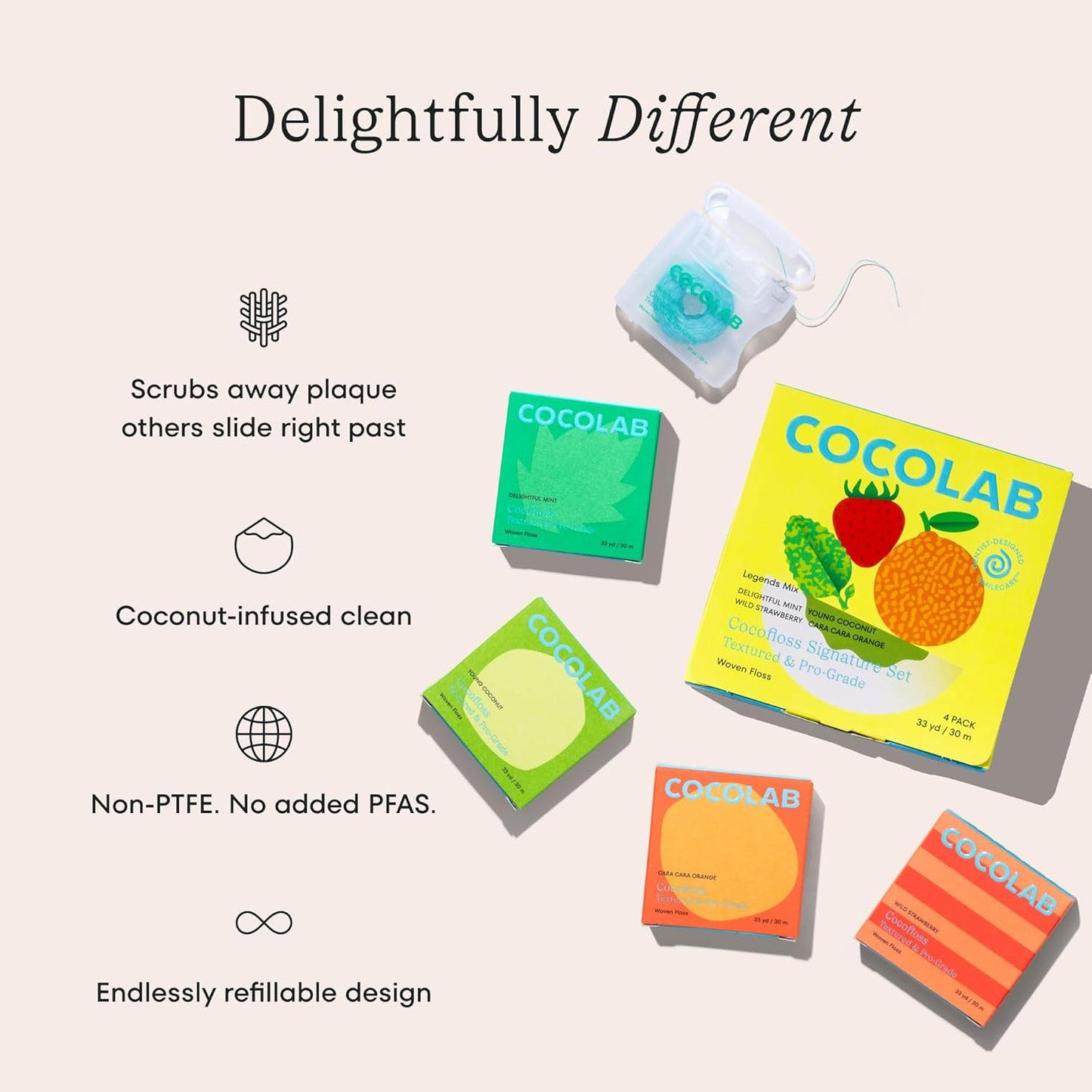 Cocofloss Expanding Woven Dental Floss - Coconut Oil Infused, Vegan, 4 Pack | Daily Oral Care for Adults & Kids