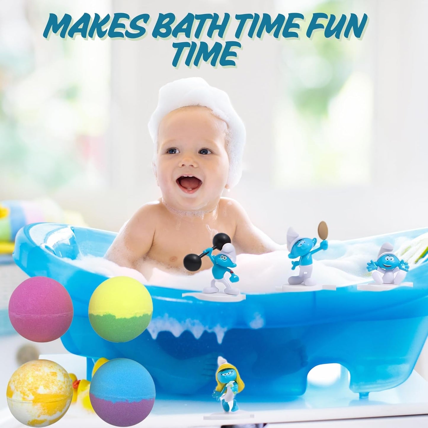 Smurfs Bath Bombs with Action Figures - Brainy, Handy, Blossom & Azrael | Fun Gift Set (Pack of 3)