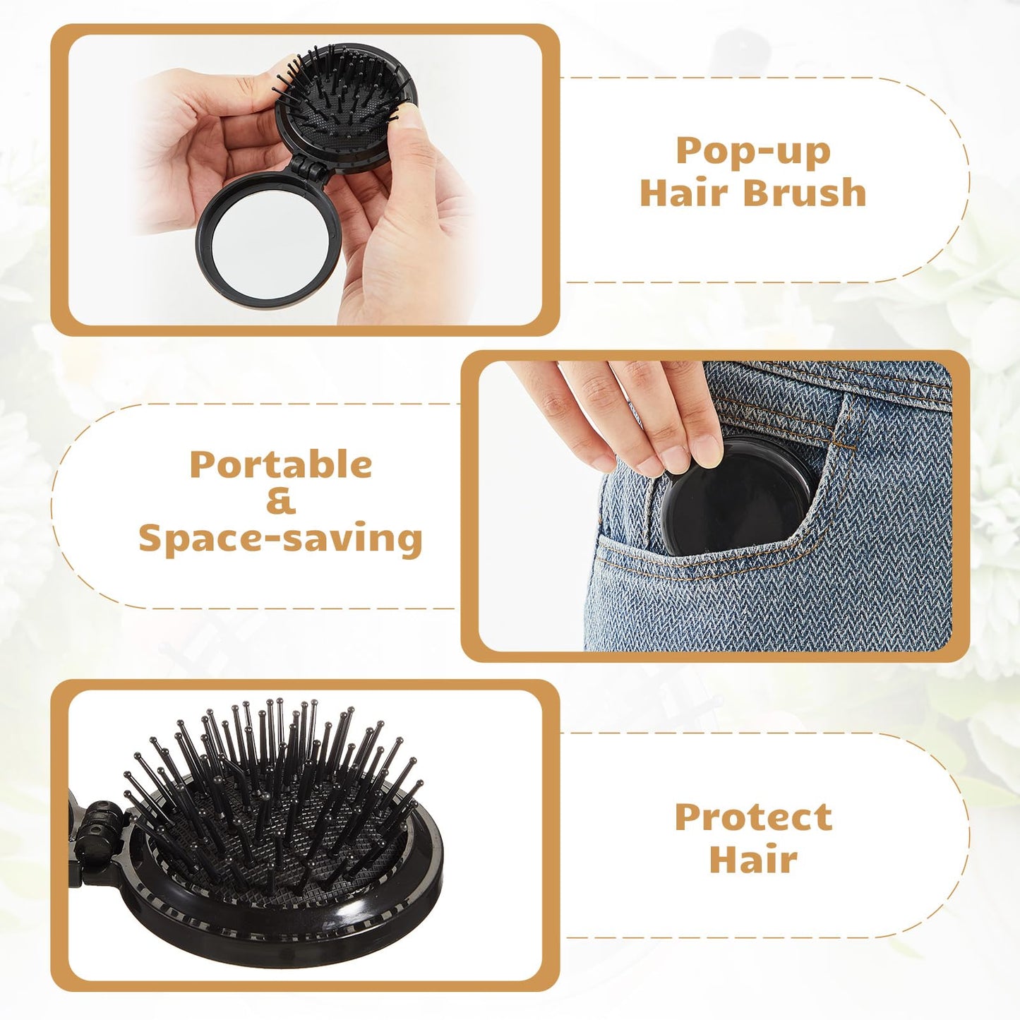 Uiifan 50 Pcs Mini Hair Brush Foldable Travel Mirror Hair Brushes Round Portable Folding Pocket Mini Comb Compact Travel Size Massage Comb for Men Women
