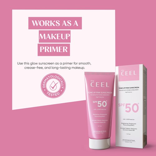 The Ceel Pink Tone Up Sunscreen for Face with SPF 50+ & Hyaluronic Acid - Brightening, Glowing & Moisturizing Facial Primer with Calamine & Vitamin B5 for All Skin Type - Paraben & Perfume Free - 50ml