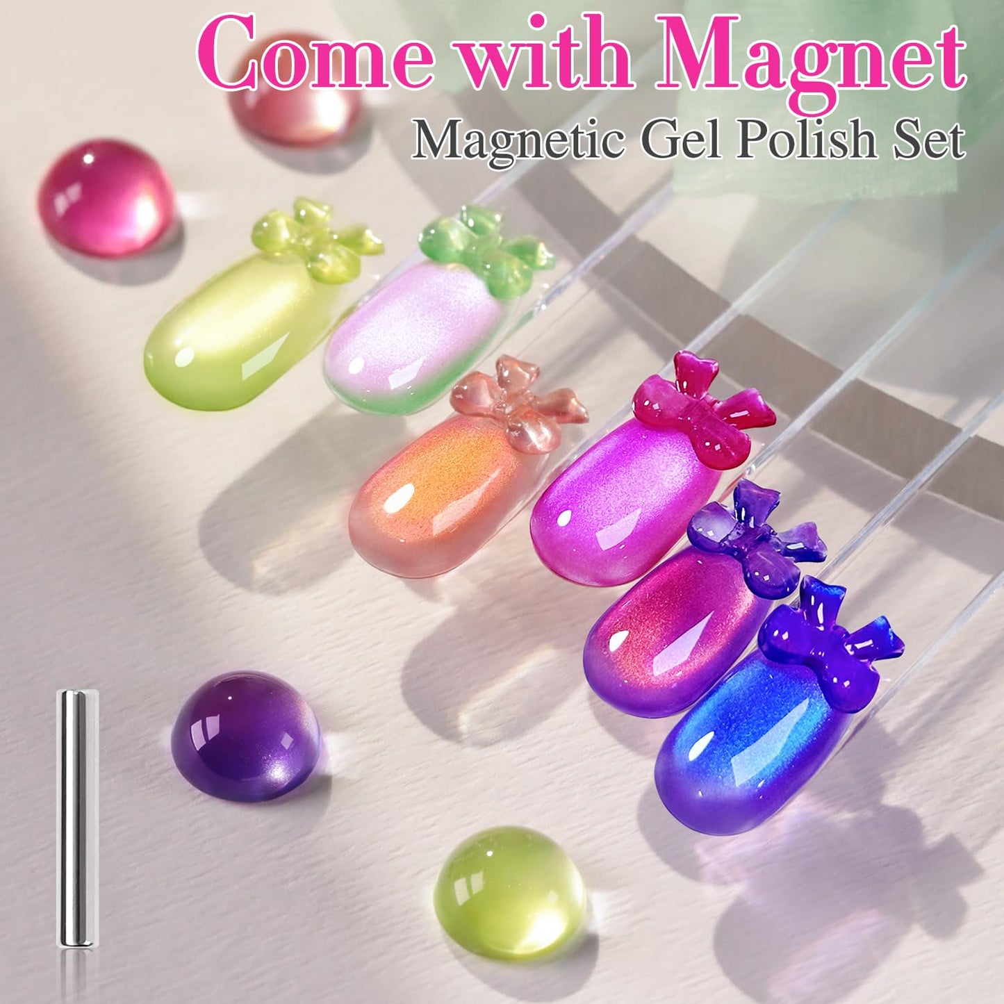 Double Rhythm Fruit Cat Eye Gel Nail Polish Set of 6 Same Color Same Bottle 0.5 Oz Shimmer Glitter with Magnet Holographic Reflective Magnetic UV Polish Kit at Home (Glass Rose Pink Green-T6-48)