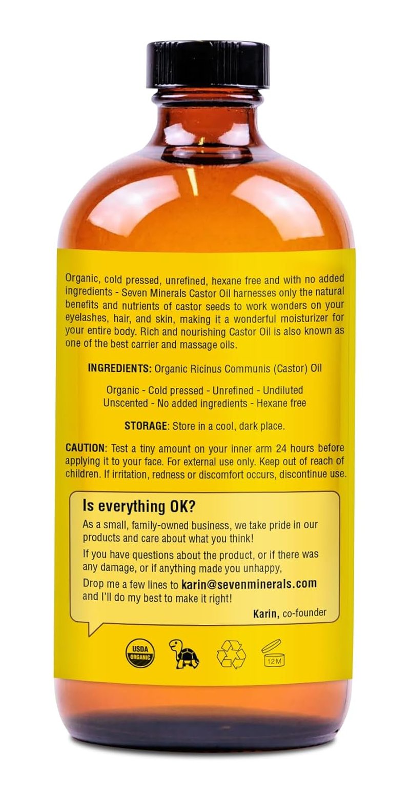 Organic Castor Oil - 16 fl oz Cold Pressed & Unrefined Glass Bottle | 100% Pure & Hexane Free