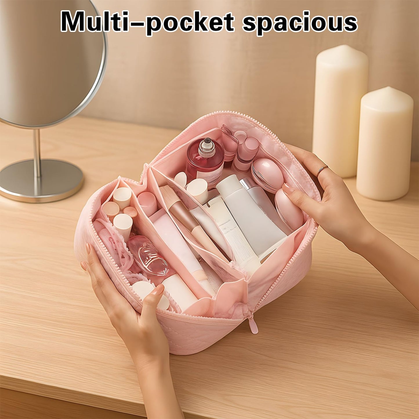 Makeup Bag Travel Toiletry Bag, Puffy Padded Make Up Bags for Women, Waterproof Cosmetic Organizer, Makeup Organizer Wide-open Pouch Purse, Travel Essentials for Toiletries Accessories Storage (Pink)