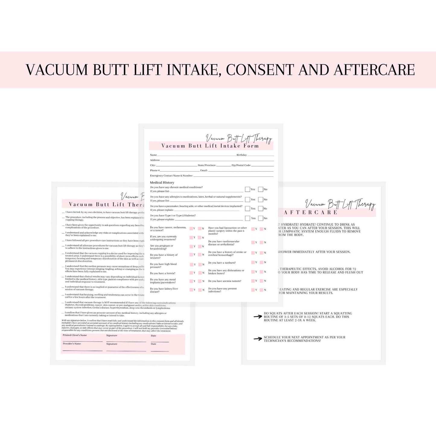 Vacuum Butt Lift Therapy Intake, Consent, and Aftercare Form | 75 Pack | 8.5x11" inch Paper Size Form | Eyelash Extension Supplies | Client Signature | Butt Lift Cupping | White and Pink Design