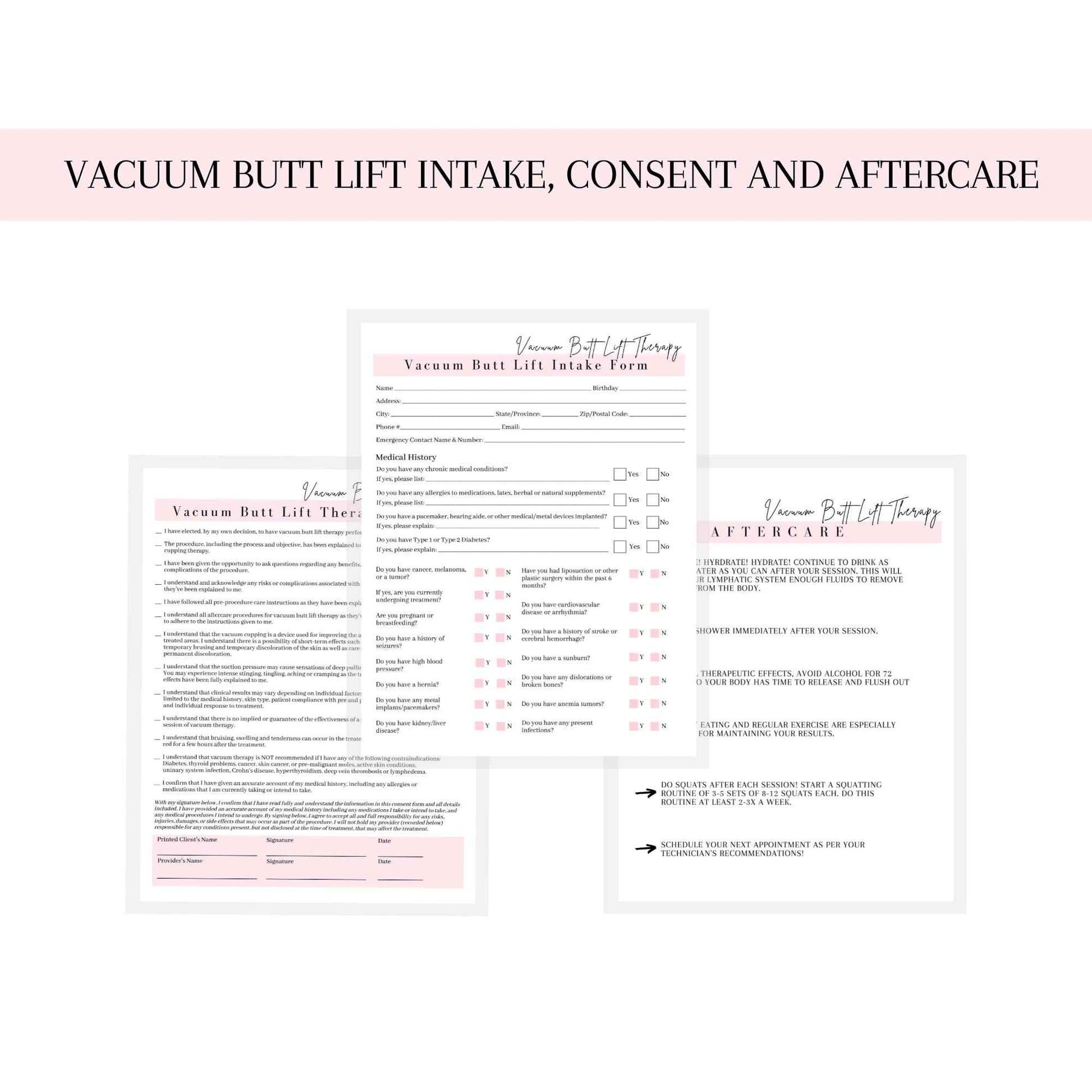 Vacuum Butt Lift Therapy Intake, Consent, and Aftercare Form | 75 Pack | 8.5x11" inch Paper Size Form | Eyelash Extension Supplies | Client Signature | Butt Lift Cupping | White and Pink Design