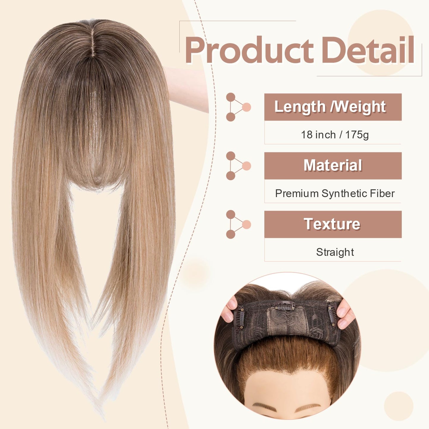 SEGOHAIR Synthetic Hair Topper for Women, 6"x6" Lace Base, Covers Gray Hair, Thinning, High Hairlines, Soft Natural Straight, 4 Clips, Center Parted Bangs 18" Mixed Blonde to White with Dark Root