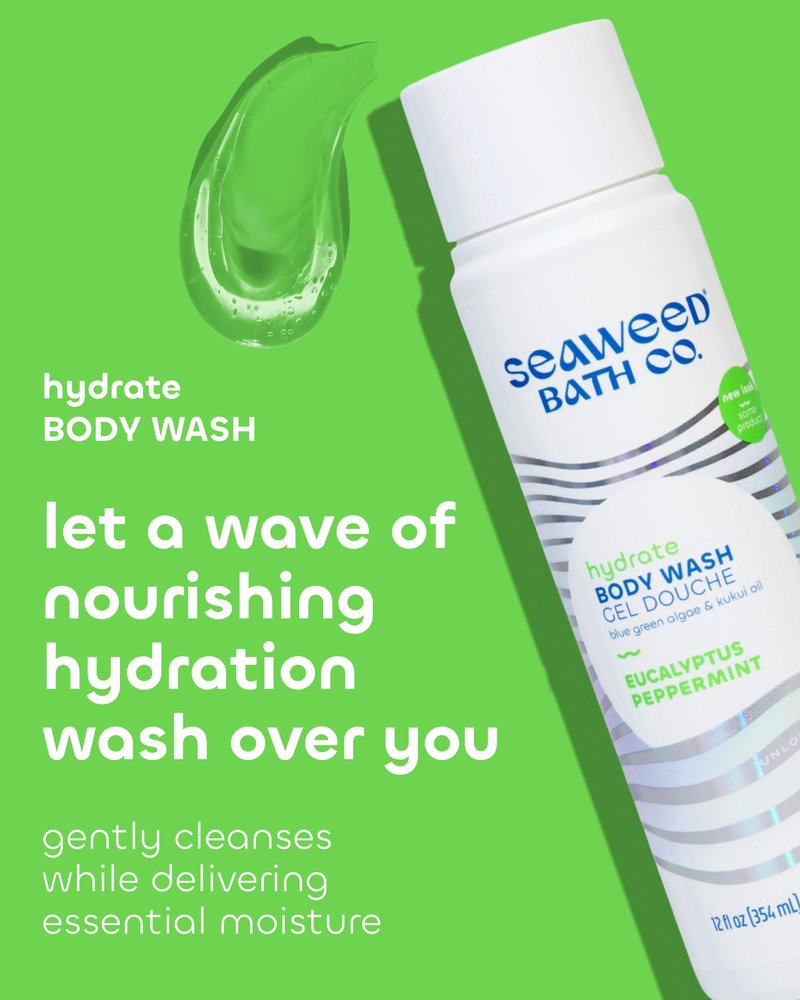 Seaweed Bath Co. Hydrate Body Wash - Eucalyptus Peppermint - Hydrating Lathering Cleanser with Nourishing Natural Ingredients - Vegan, Paraben and Sulfate Free Shower Gel - 12 oz (Pack of 2)