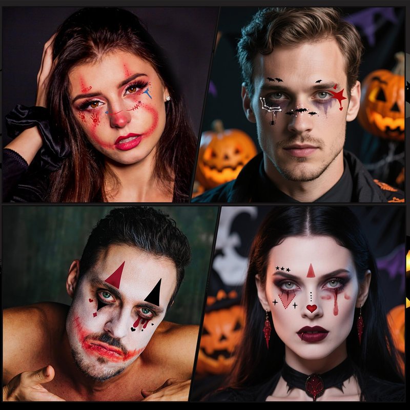 HOWAF 15 Sheets Halloween Full Face Tattoos Stickers, Costume Face Art With Clown, Spider Webs, Bats, Skeletons Ghost Devil Creepy Hand Prints for Horror Party Decor, Black Red Temporary Tattoos