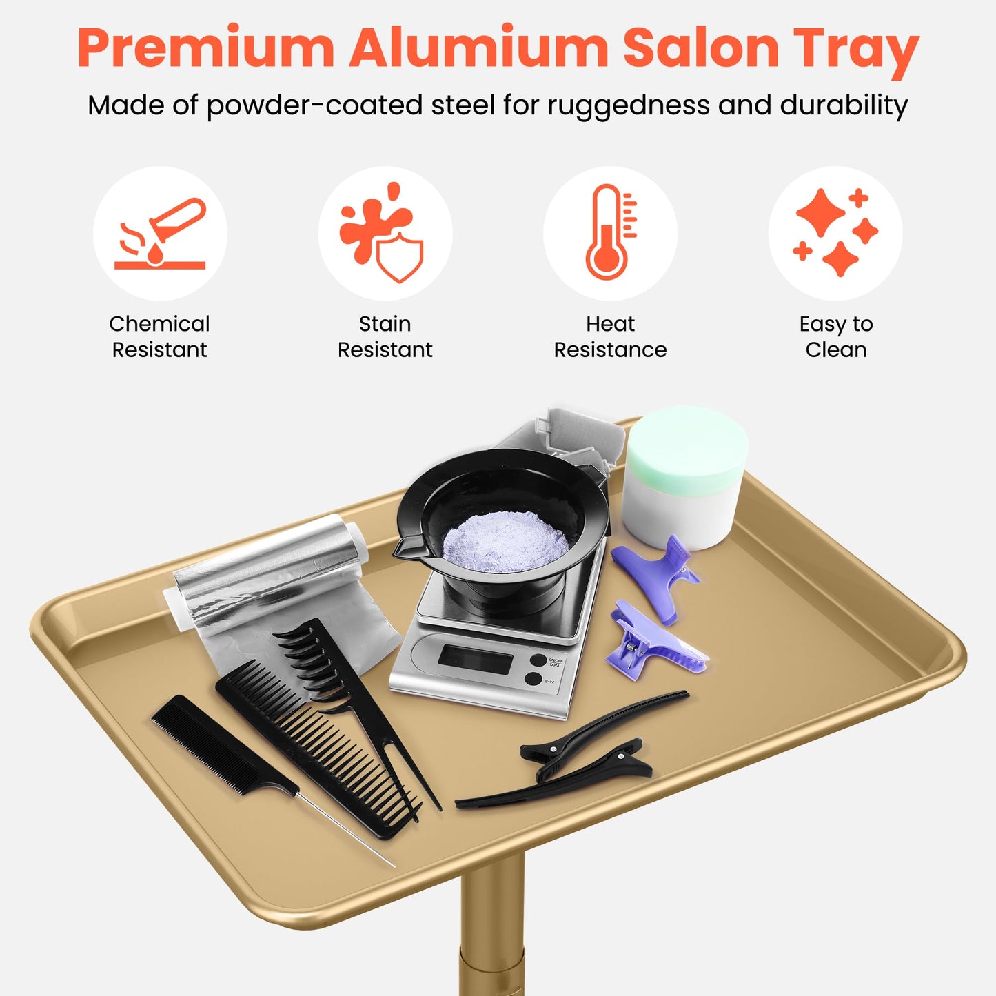 TASALON Premium Salon Tray on Wheels, Aluminum Salon Rolling Tray Trolley for Salon Essentials, Adjustable Height Provides Ample Storage for Hairstylist Tray, Tattoo Tray and Clinic Tray Use - Gloden