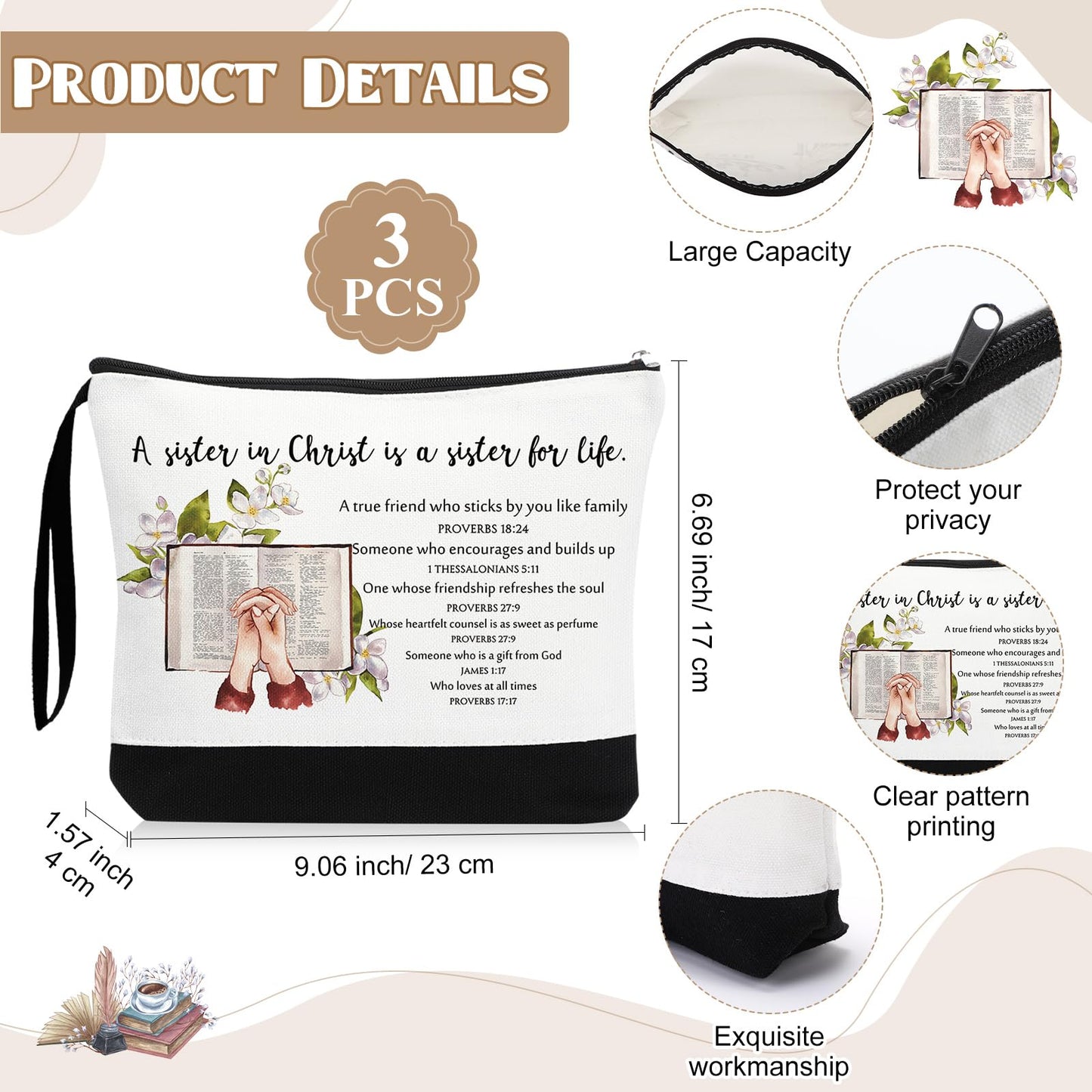 Paterr 12 Pcs 250th Anniversary Christian Tote Bags for Women, Bible Tote Bag and Canva Makeup Bag Inspirational Gifts for Teacher Nurse Ladies Sister Birthday Friendship Old Maids (Sister in Christ)