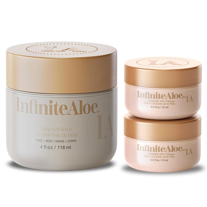 InfiniteAloe Baby Soft Scrub, Aloe Vera Powered Face and Body Scrub – Exfoliating and Moisturizing – 4oz. + 2 Travels