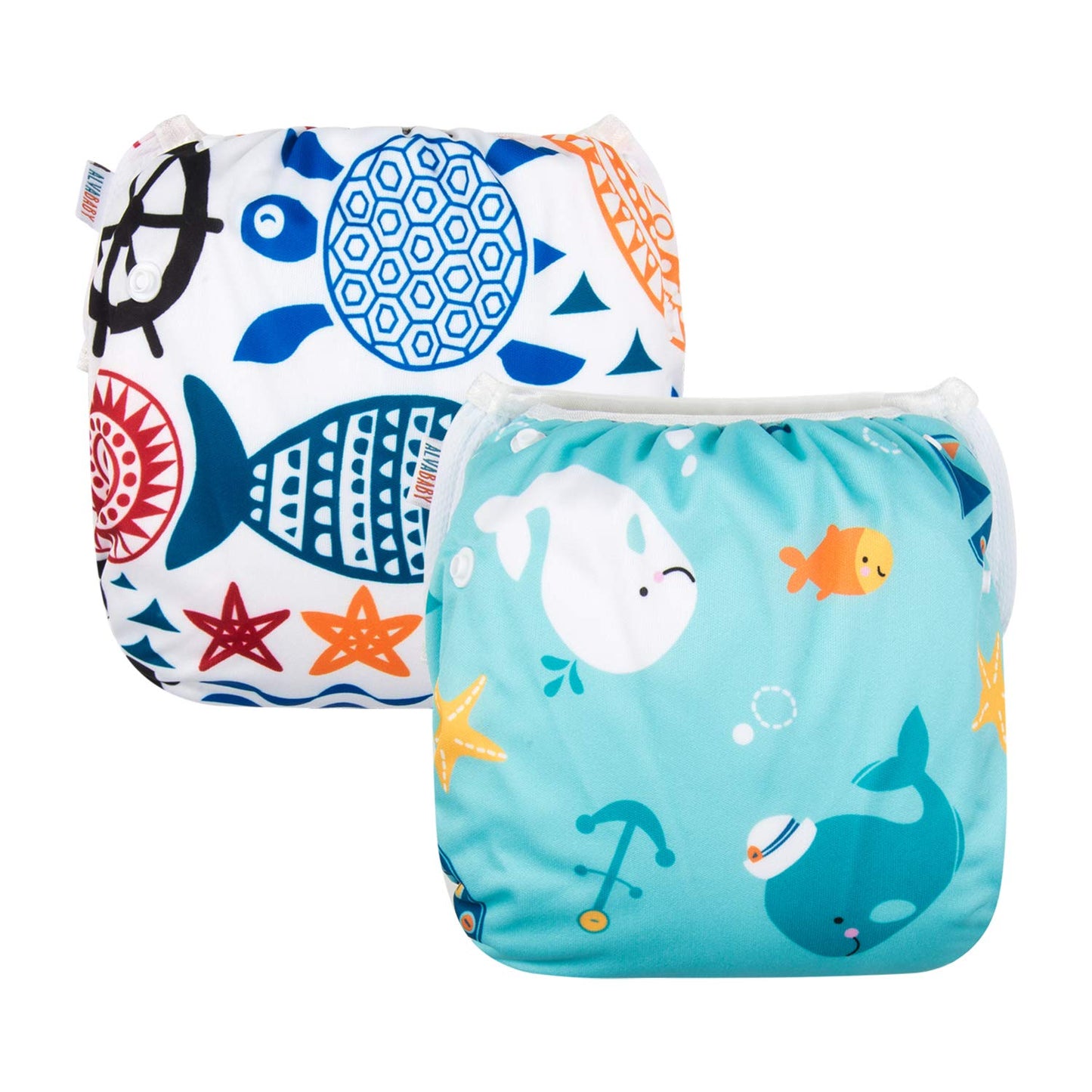 ALVABABY Reusable Swim Diapers for Babies & Toddlers - Adjustable Snap Design | Cartoon Fish, One Size