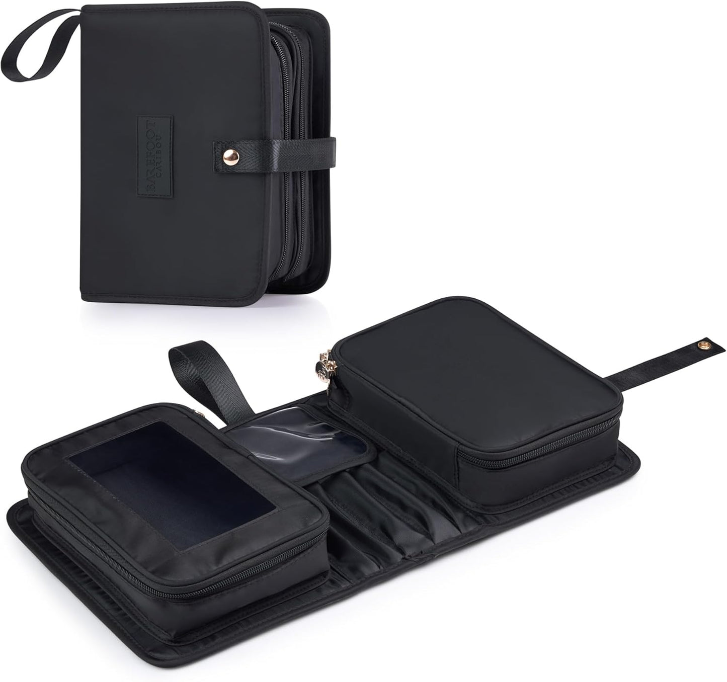 Travel Makeup Bag - Compact Portable Organizer for Cosmetics & Brushes | Large Capacity - Black