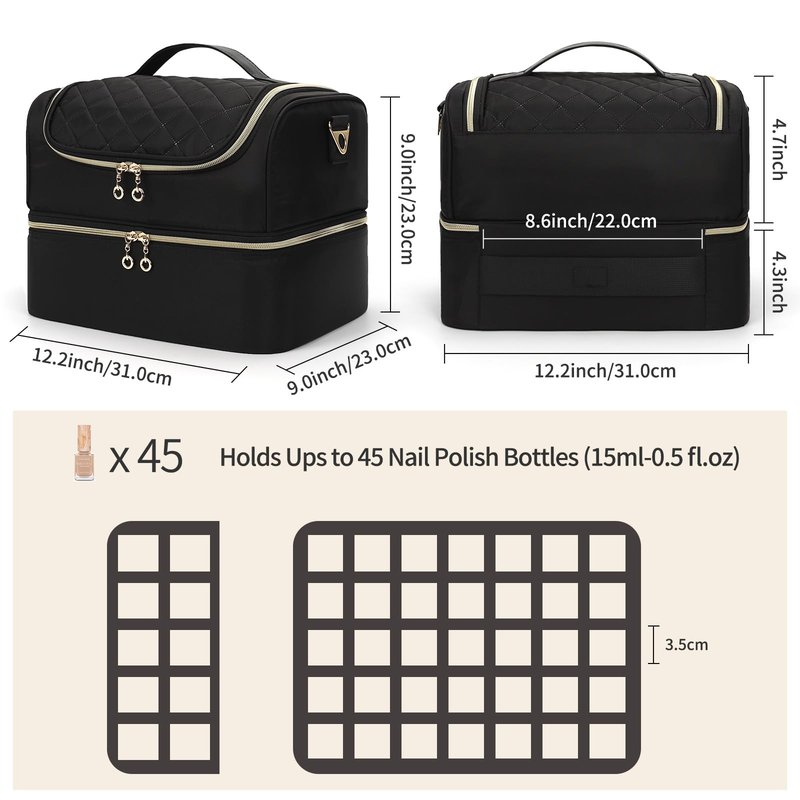 CUBETASTIC Nail Polish Organizer, Cute Nail Tech Organizers And Storage Bag Holds 45 Bottles & UV Nail Lamp, Compact Double-Layer Travel Nail Supplies Case for Nail Kit (Triangle Black, 27 Slots)