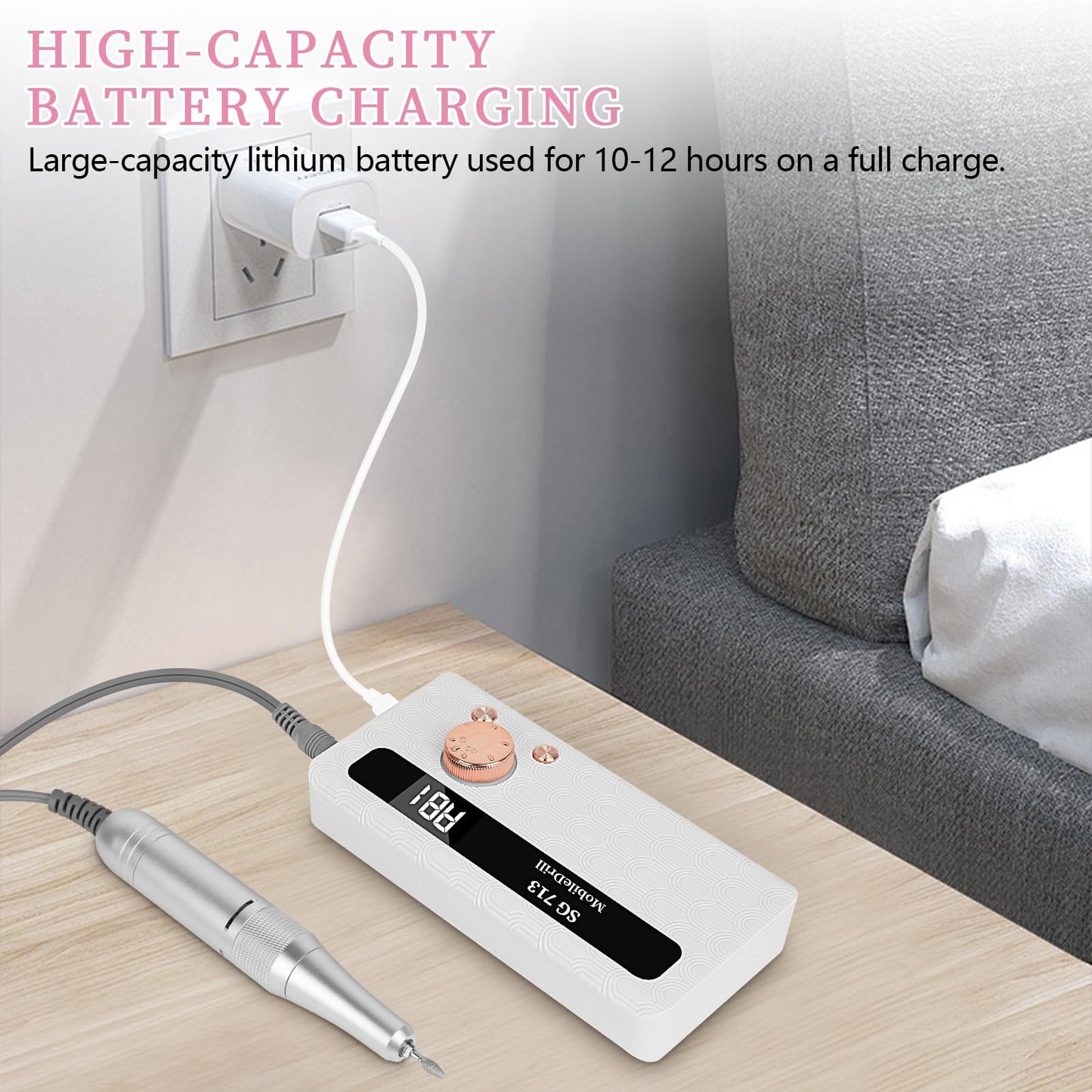 Electric Nail File Professional Kit - 45000RPM Portable Nail Drill Electric File with 11 Bits & Base丨LED Screen丨Ultra-Silent, Rechargeable Nail Drills Machine for Acrylic Nails Gel Polishing (White)