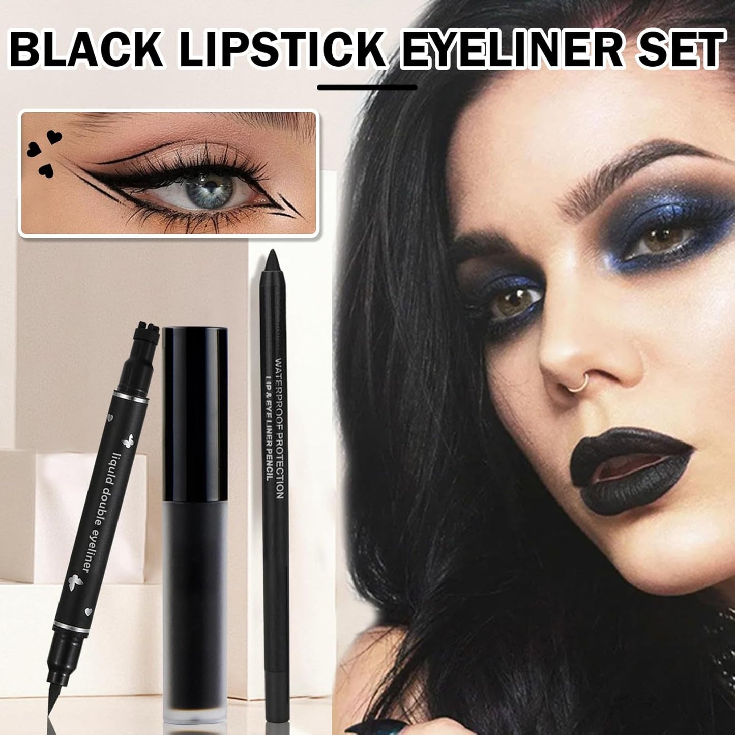 Black Matte Lipstick Set - 3PCS Lip Liner & Liquid Eyeliner Stamp | Long-Lasting Smudge-Proof for Halloween & Goth Makeup
