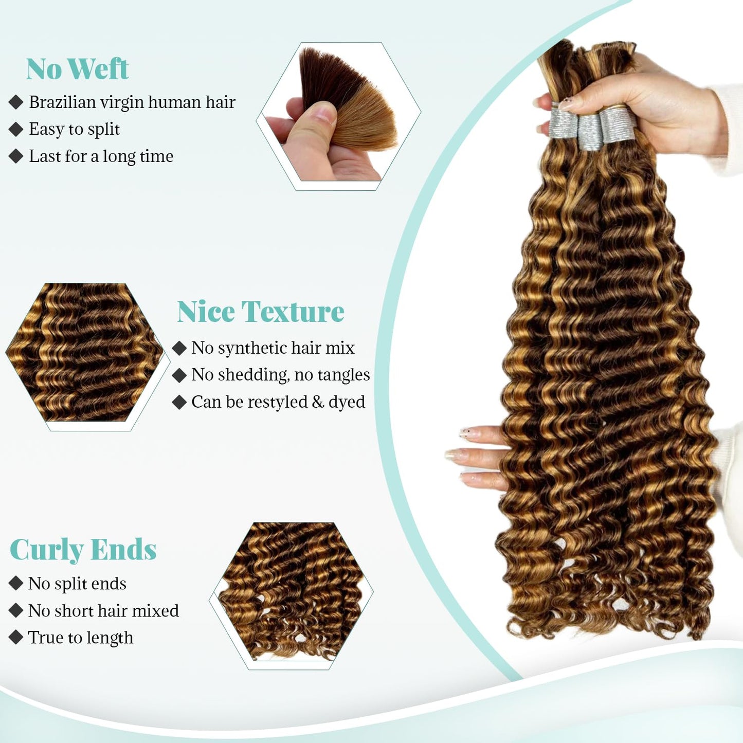 Human Braiding Hair for Boho Braids Deep Water Wave Bulk Human Hair for Braiding Curly Wet and Wavy 4/27 Brown with Honey Blonde Highlight Twist Hair Braiding 14 Inch No Weft 2 Bundles 100G